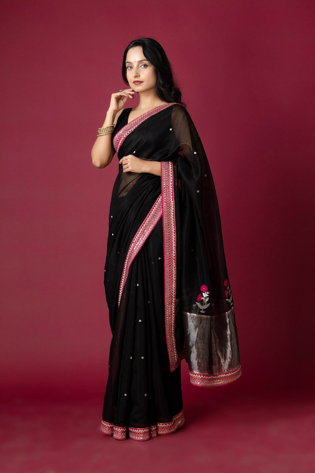 Black Chanderi Silk Aari Saree