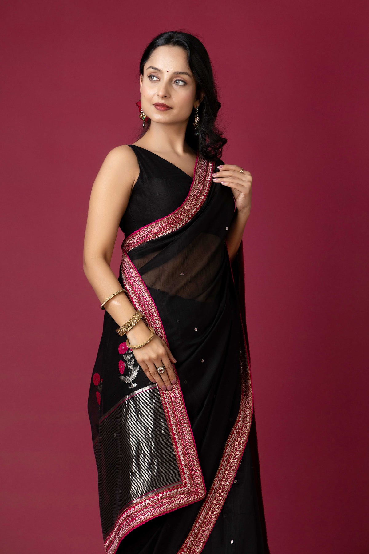 Black Chanderi Silk Aari Saree