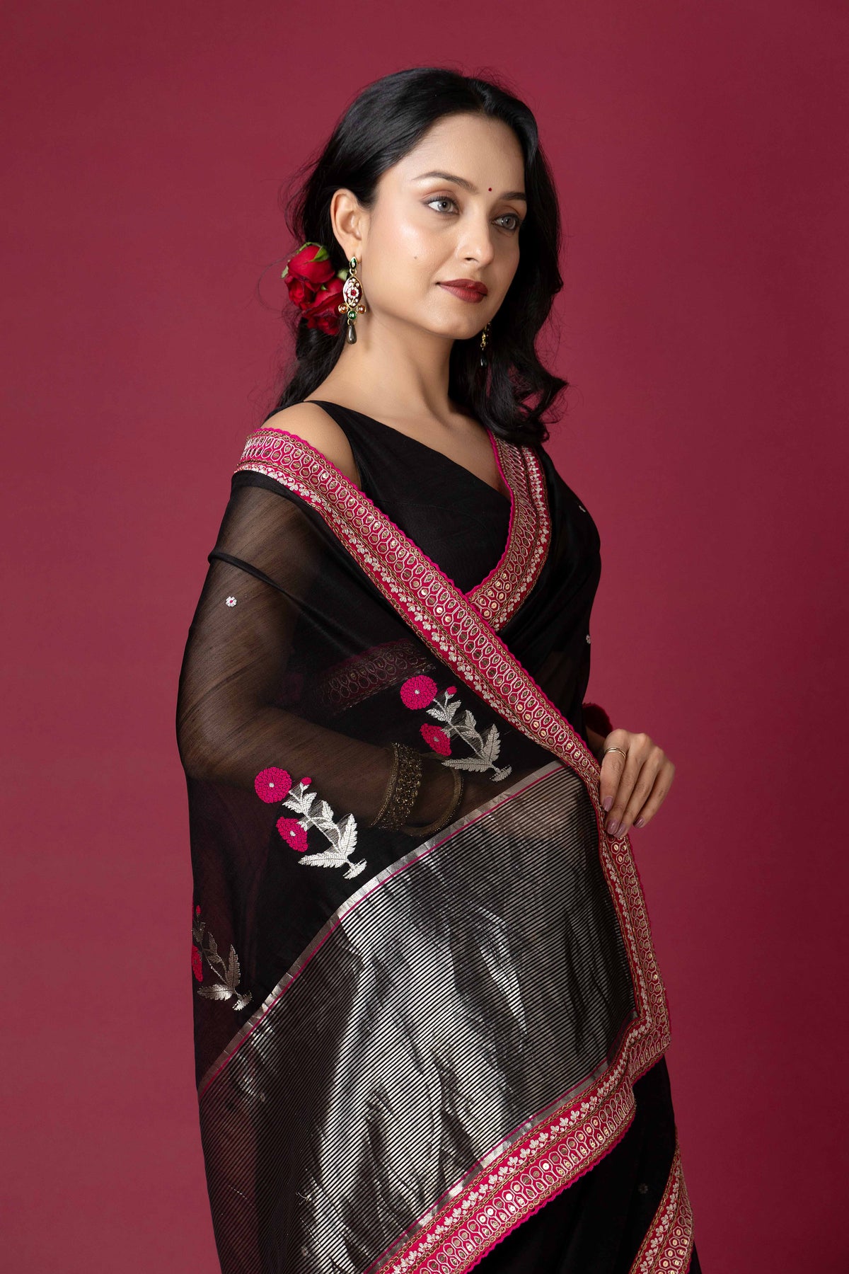 Black Chanderi Silk Aari Saree