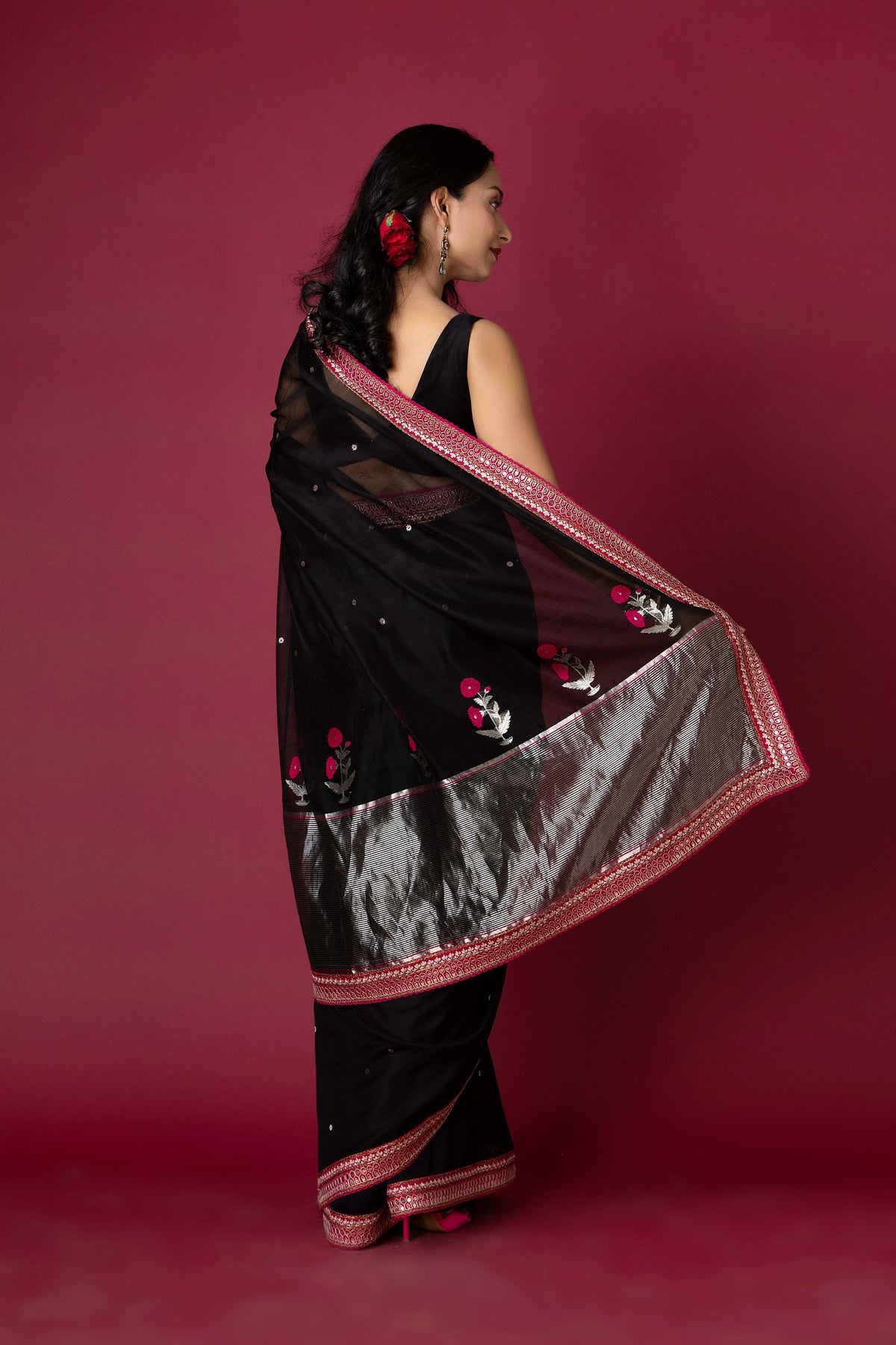 Black Chanderi Silk Aari Saree