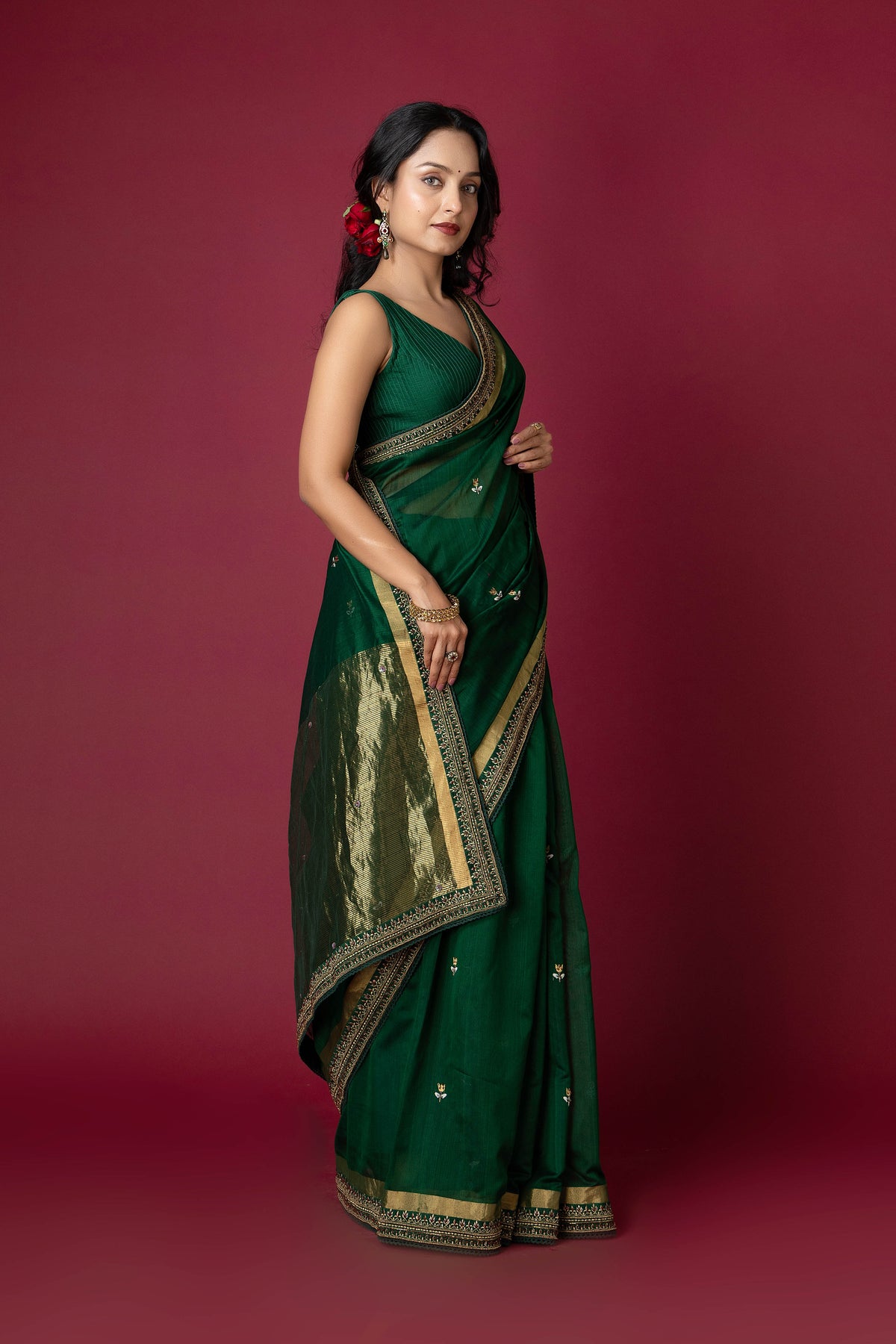 Green Chanderi Silk Aari & Bobbin Saree