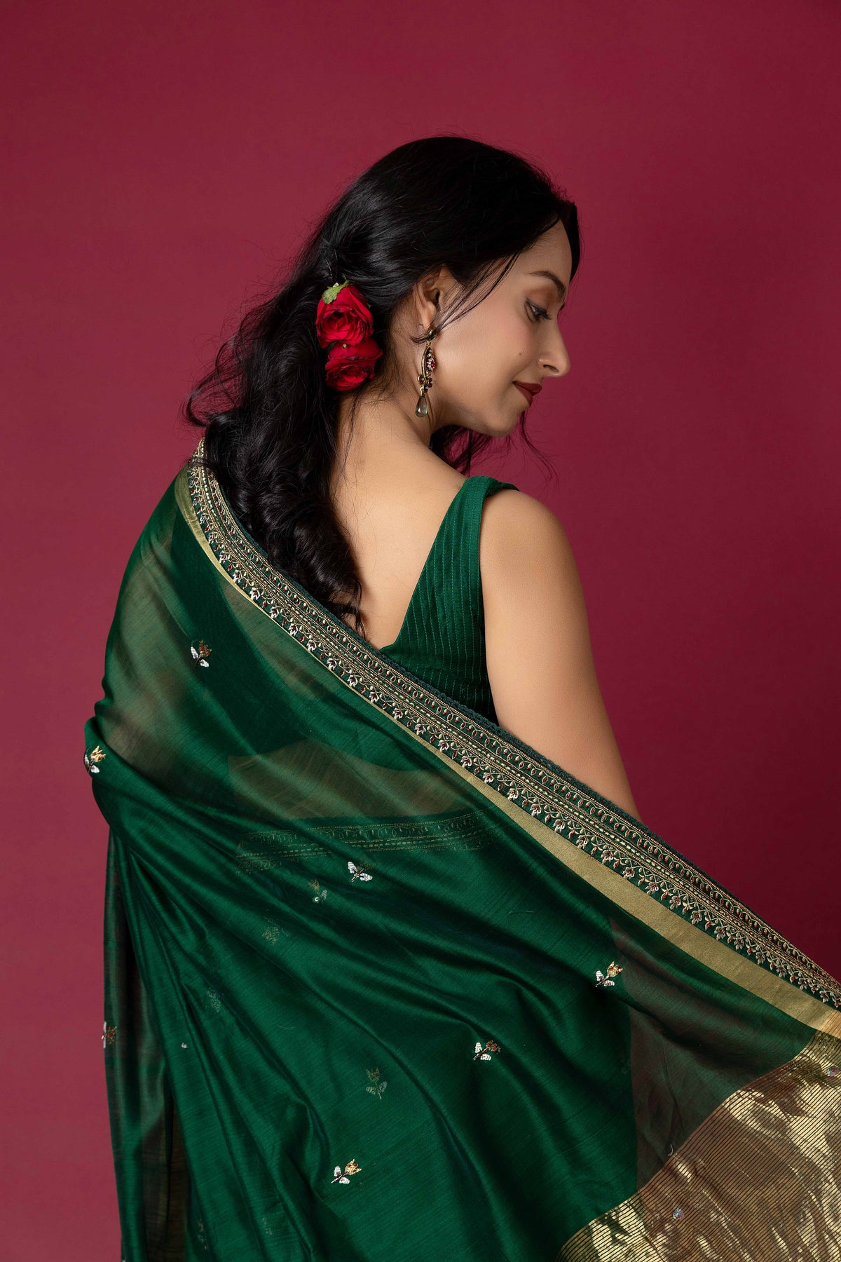 Green Chanderi Silk Aari & Bobbin Saree