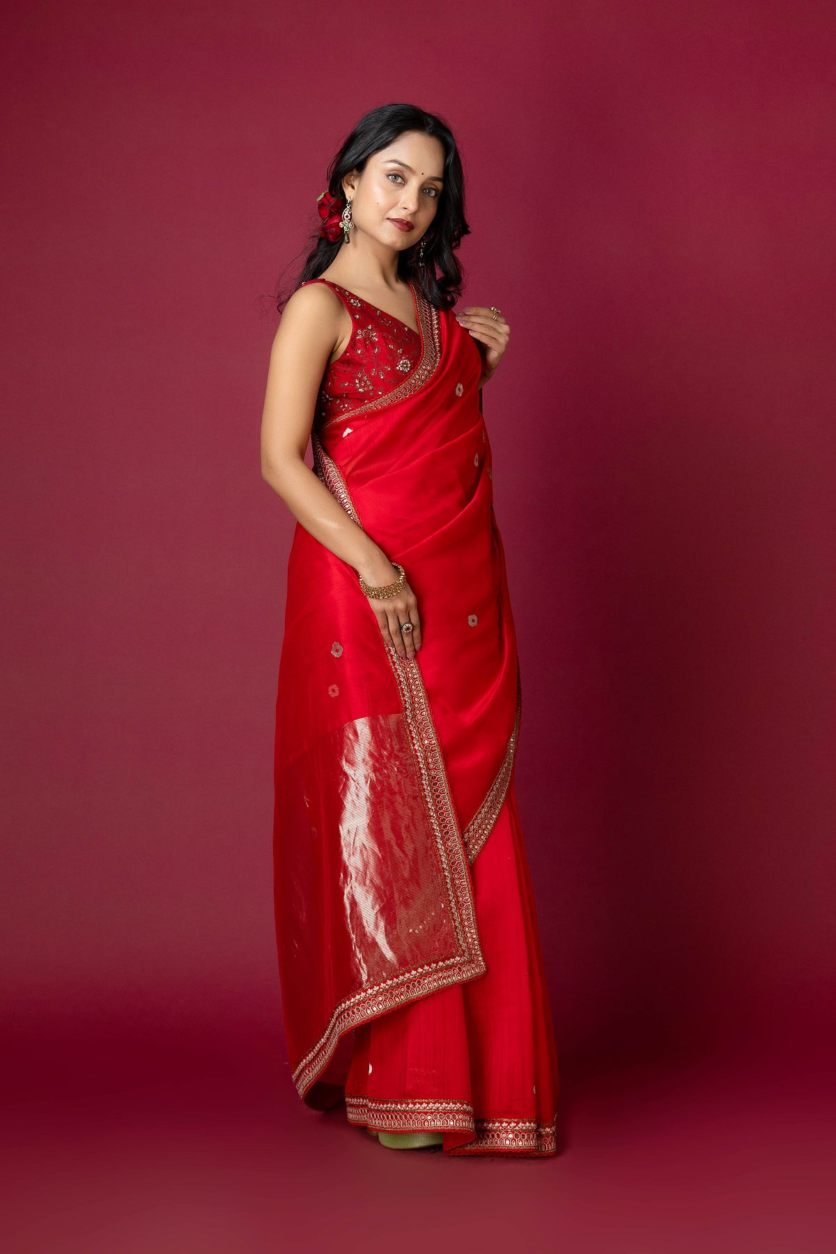 Red Chanderi Silk Aari Saree