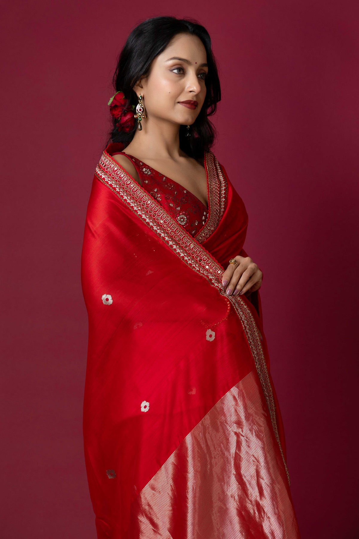 Red Chanderi Silk Aari Saree