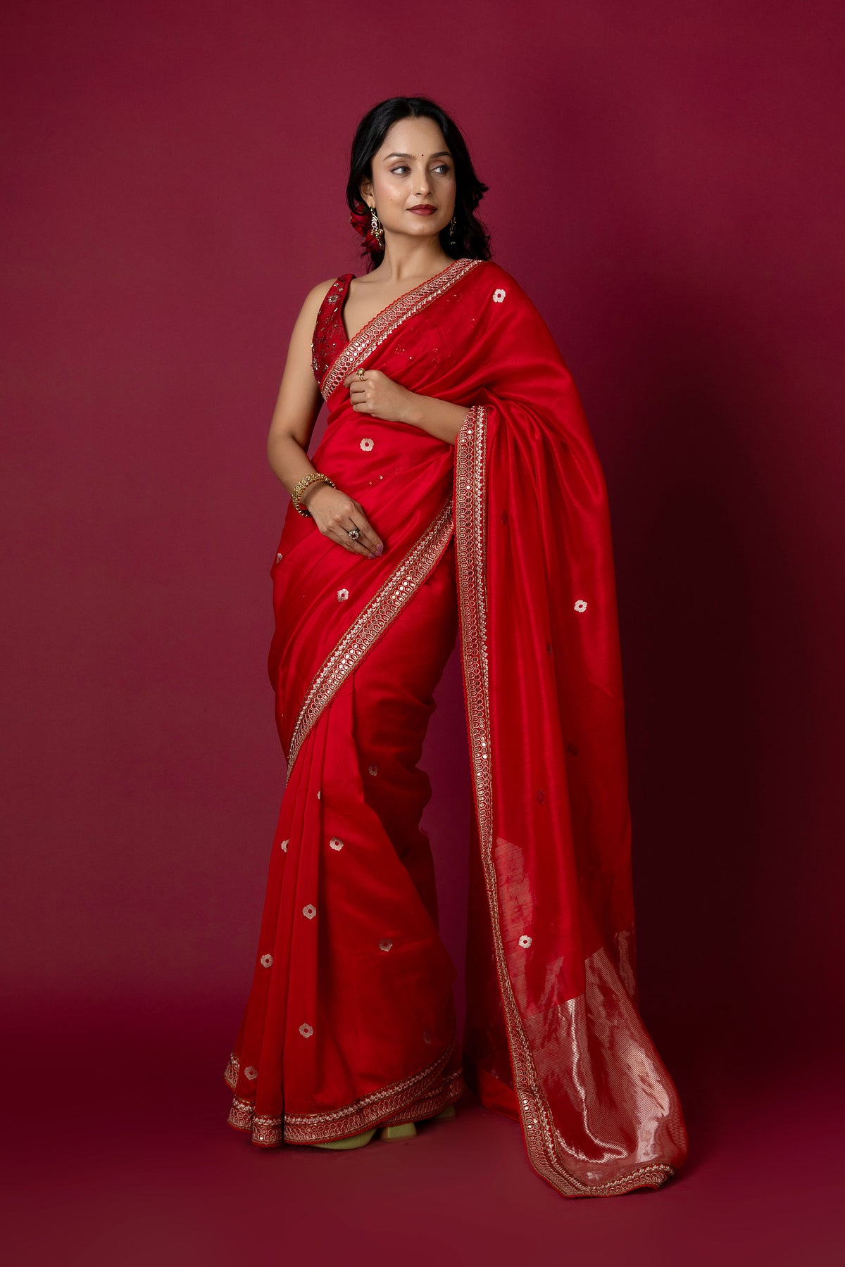 Red Chanderi Silk Aari Saree