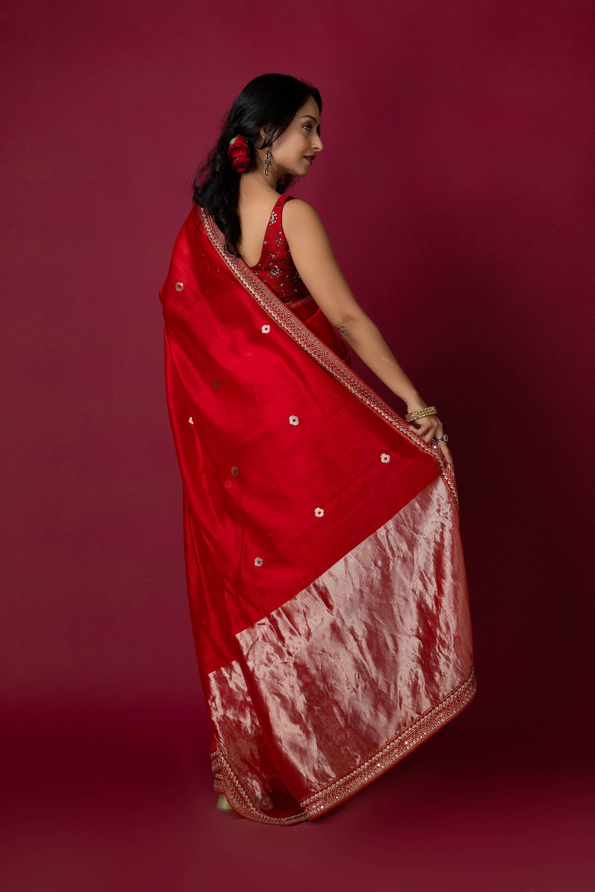 Red Chanderi Silk Aari Saree
