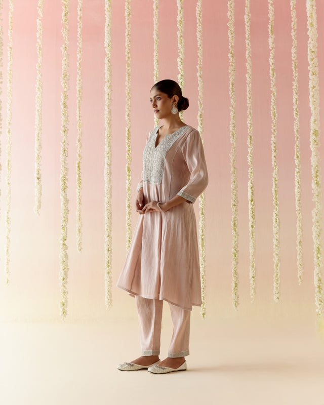 Rosy Pearl Tissue Anarkali with
Narrow Pants & Dupatta - Set of 3