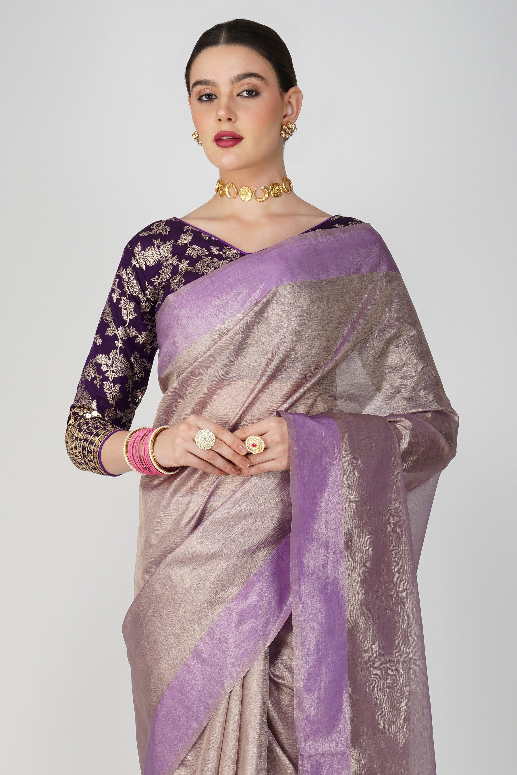 Mauve Pure Crushed Tissue Silk Banarasi Handloom Saree