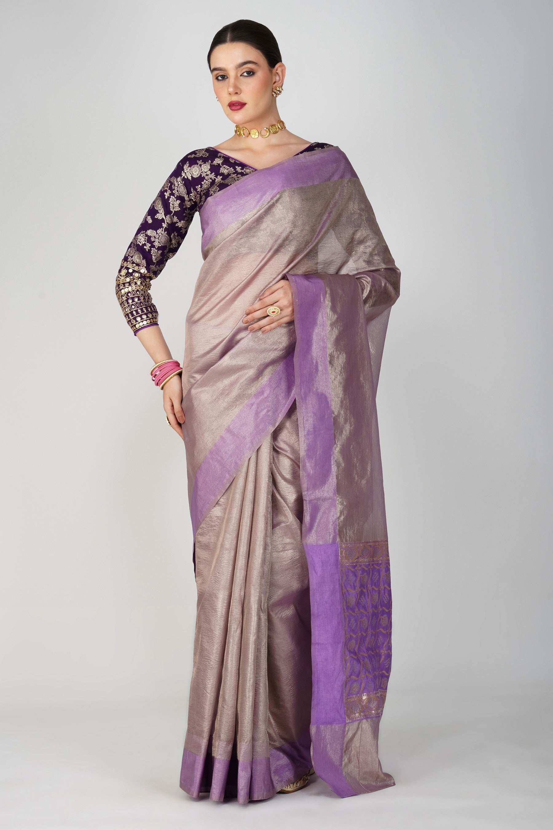 Mauve Pure Crushed Tissue Silk Banarasi Handloom Saree
