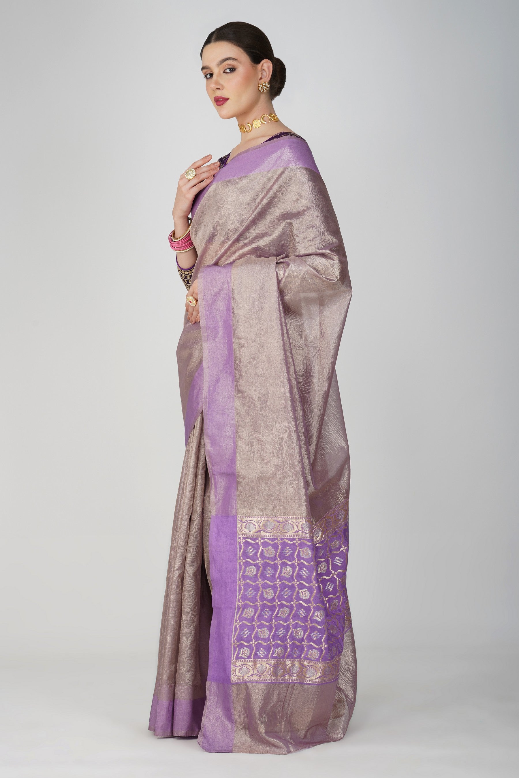 Mauve Pure Crushed Tissue Silk Banarasi Handloom Saree