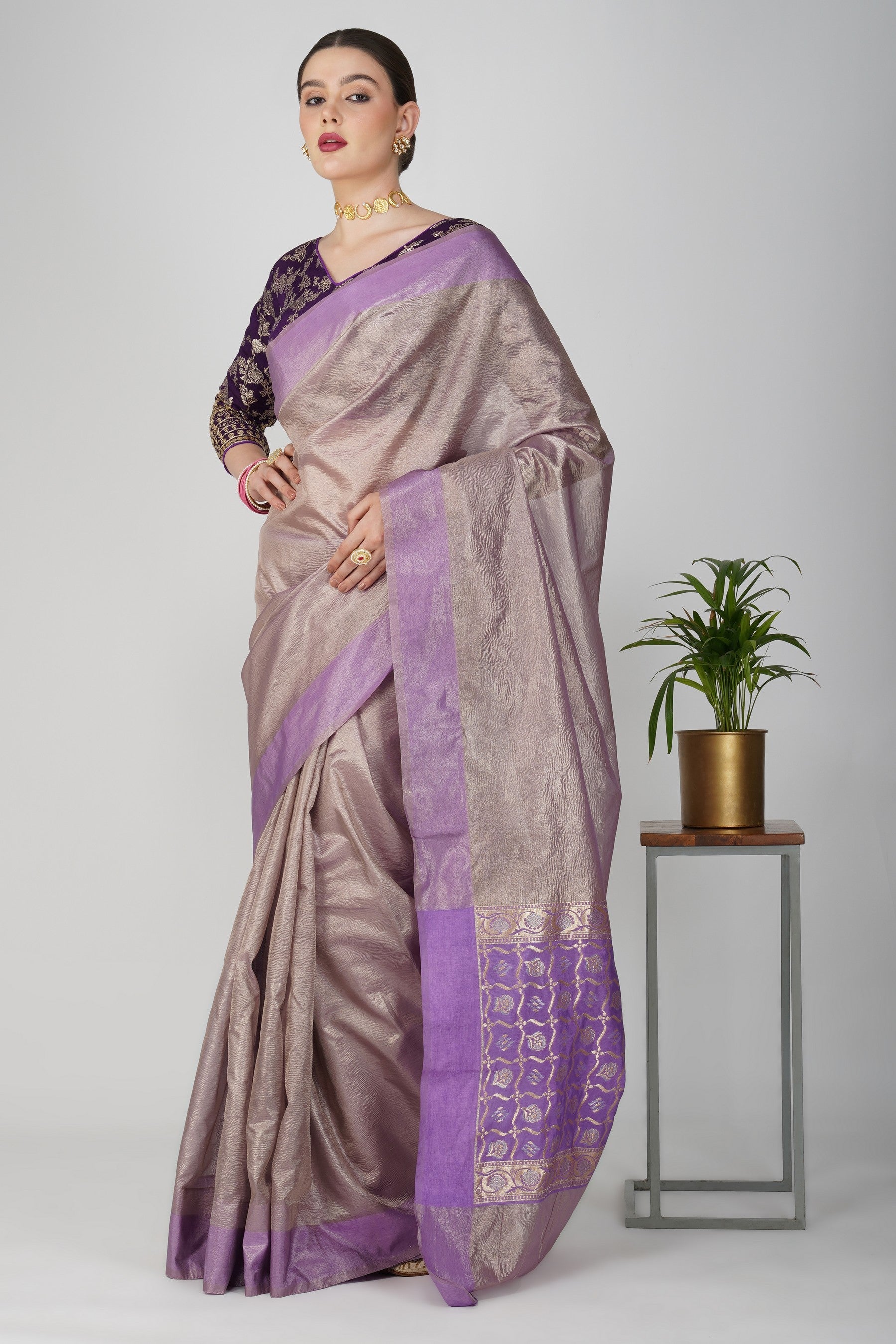 Mauve Pure Crushed Tissue Silk Banarasi Handloom Saree