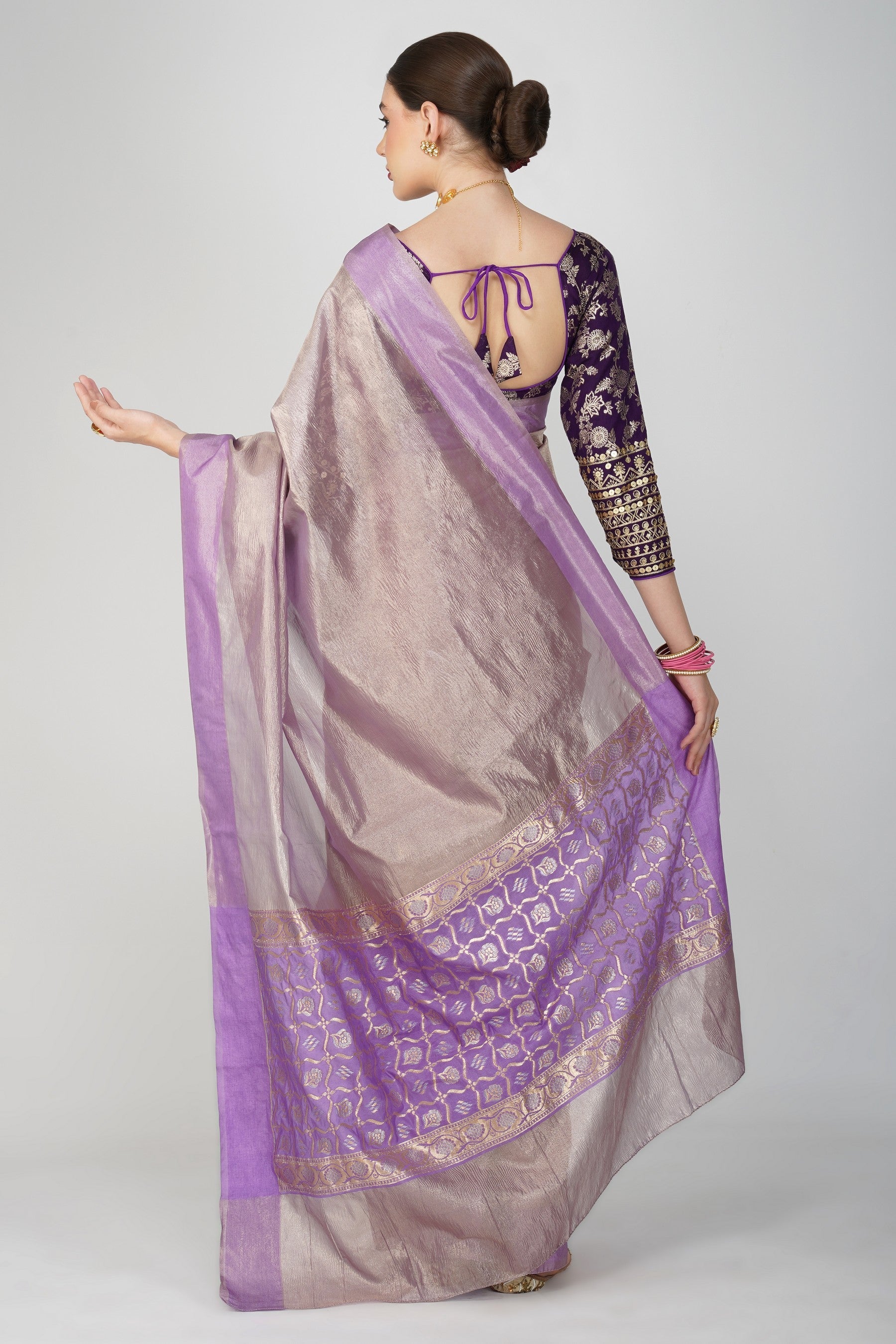 Mauve Pure Crushed Tissue Silk Banarasi Handloom Saree