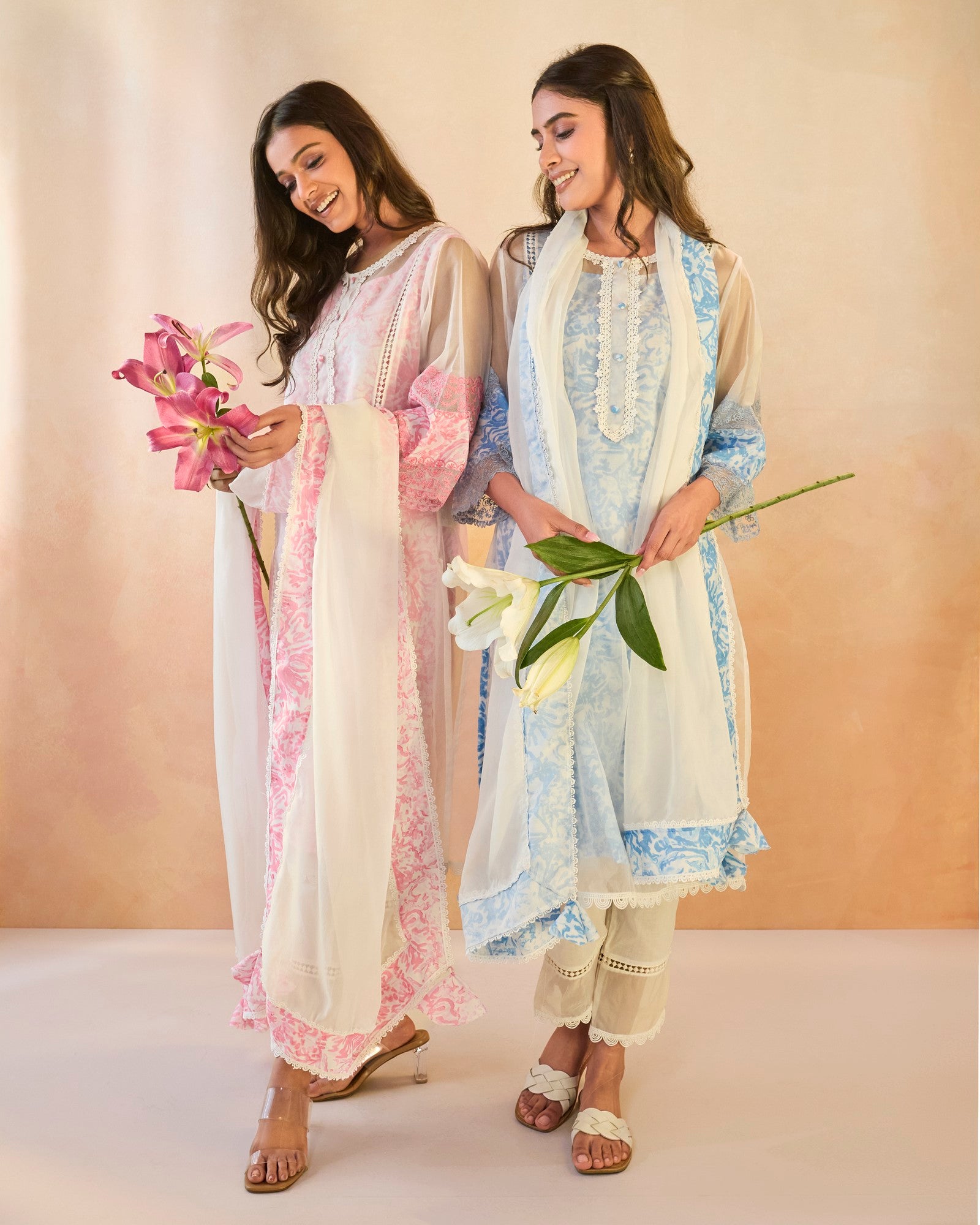 Sky Floral Embroidered Organza Slip Kurta with Narrow Pants
