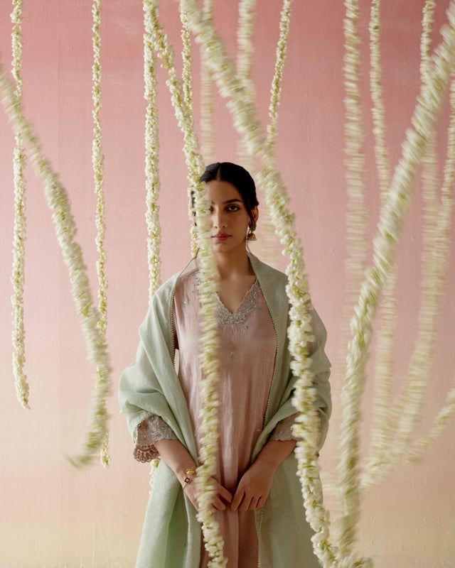 Old Rose Tissue Kurta with 
Narrow Pants & Dupatta - Set of 3