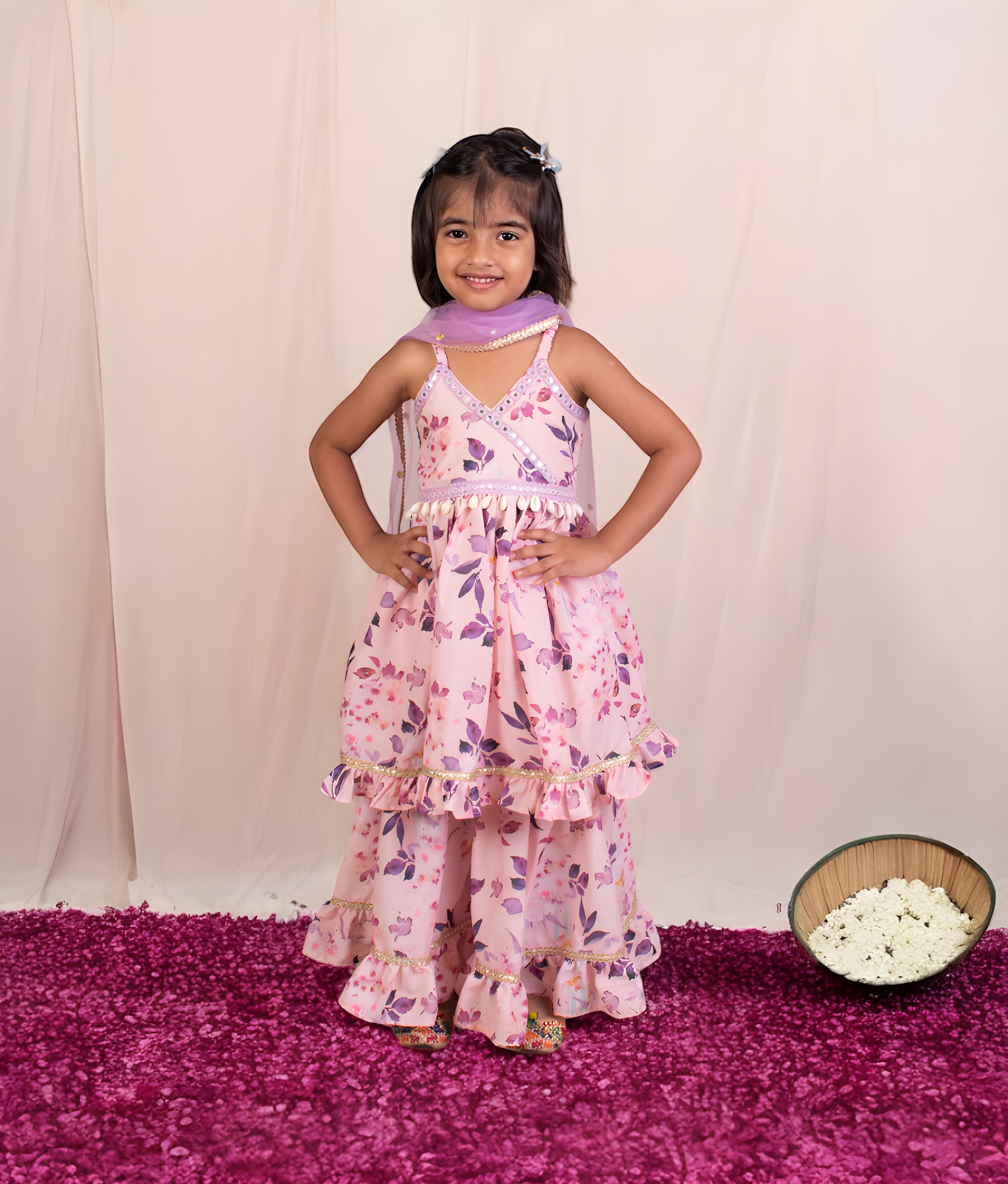 Lilac Printed Kurti with Sharara for Girls