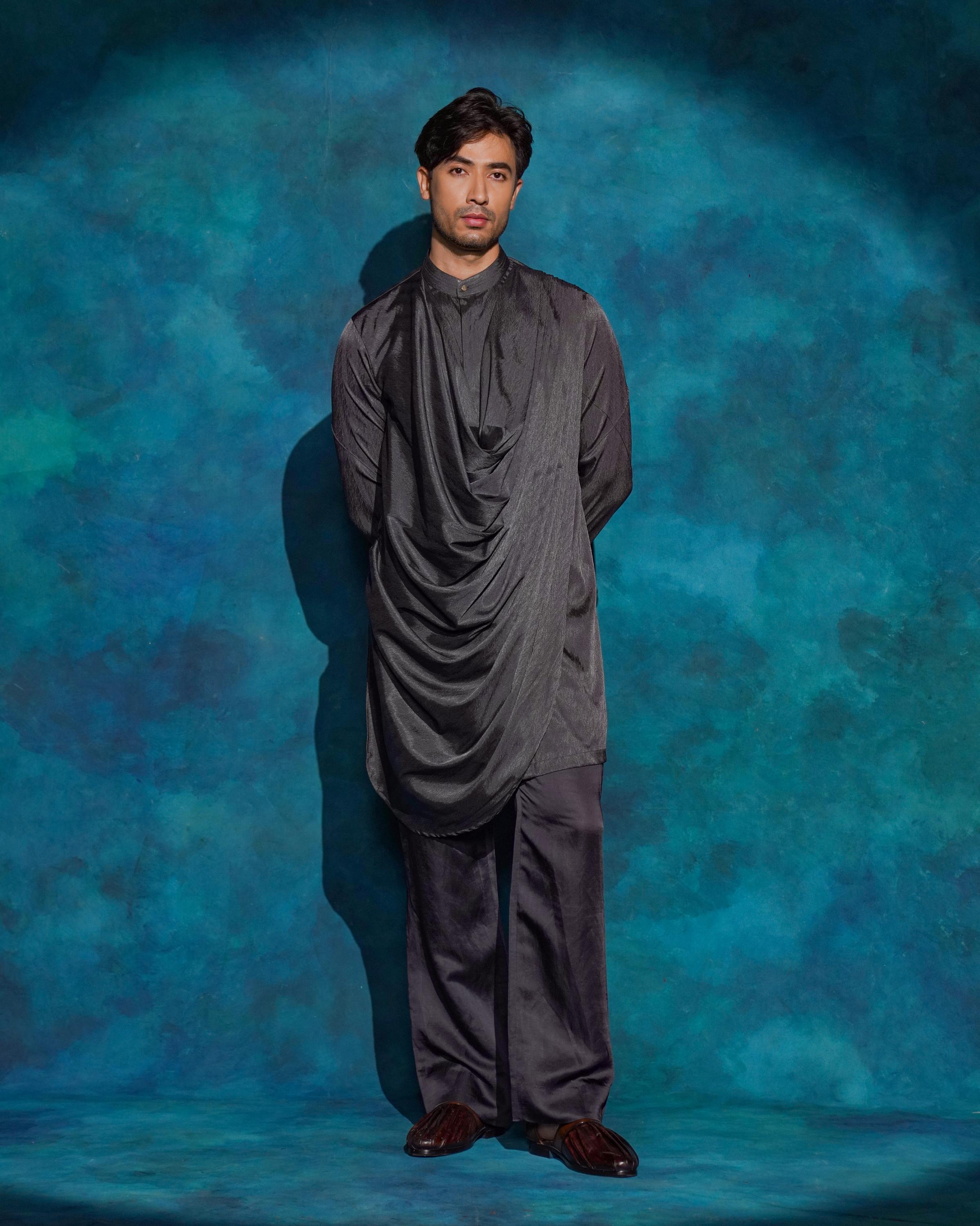 Charcoal Gray hand embroidered contemporary jacket set