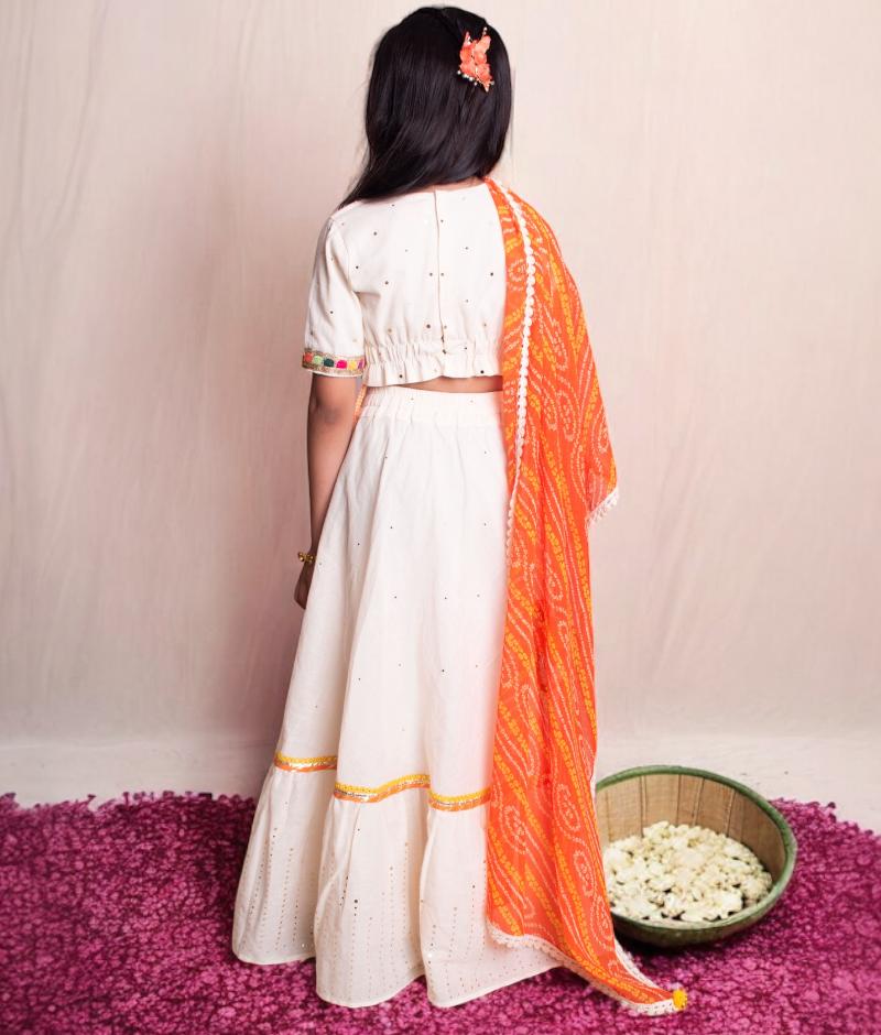 Off white Faux Mukaish work Top & Skirt for Girls