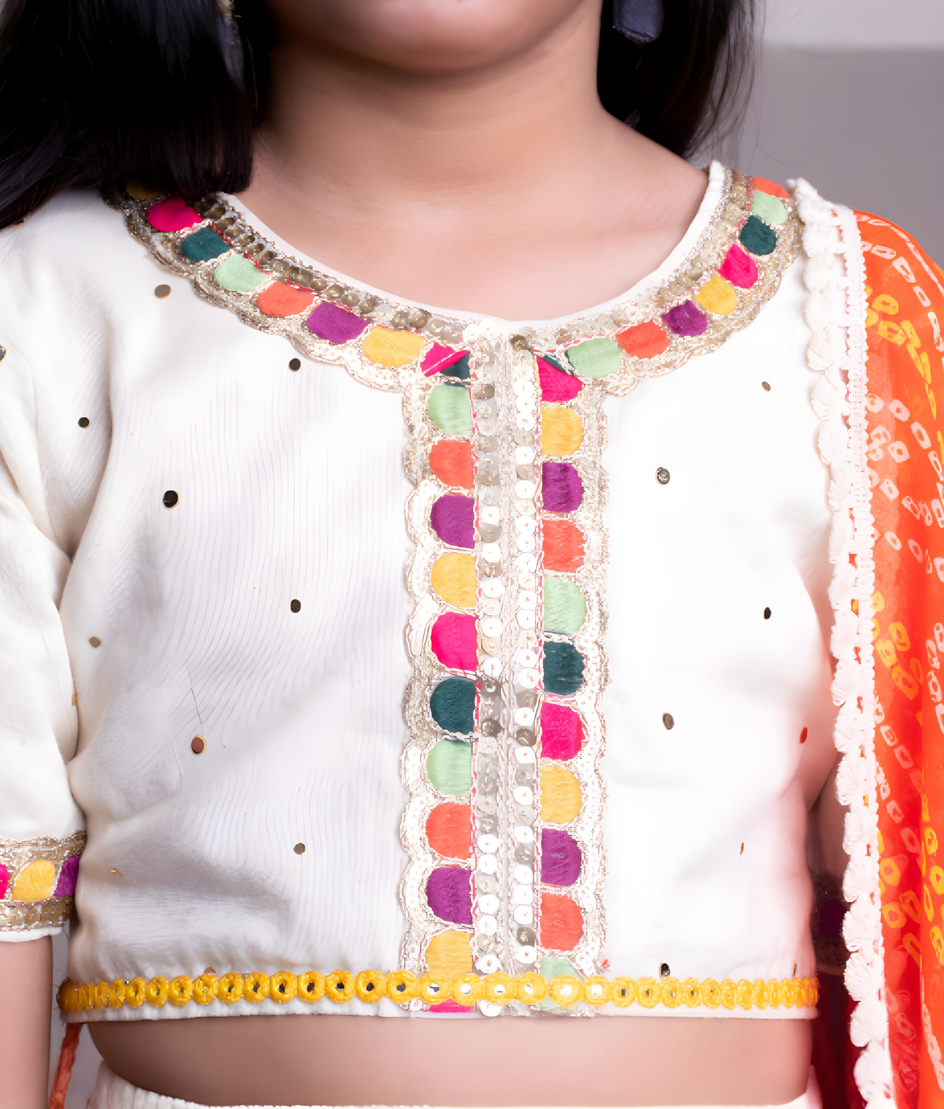 Off white Faux Mukaish work Top & Skirt for Girls