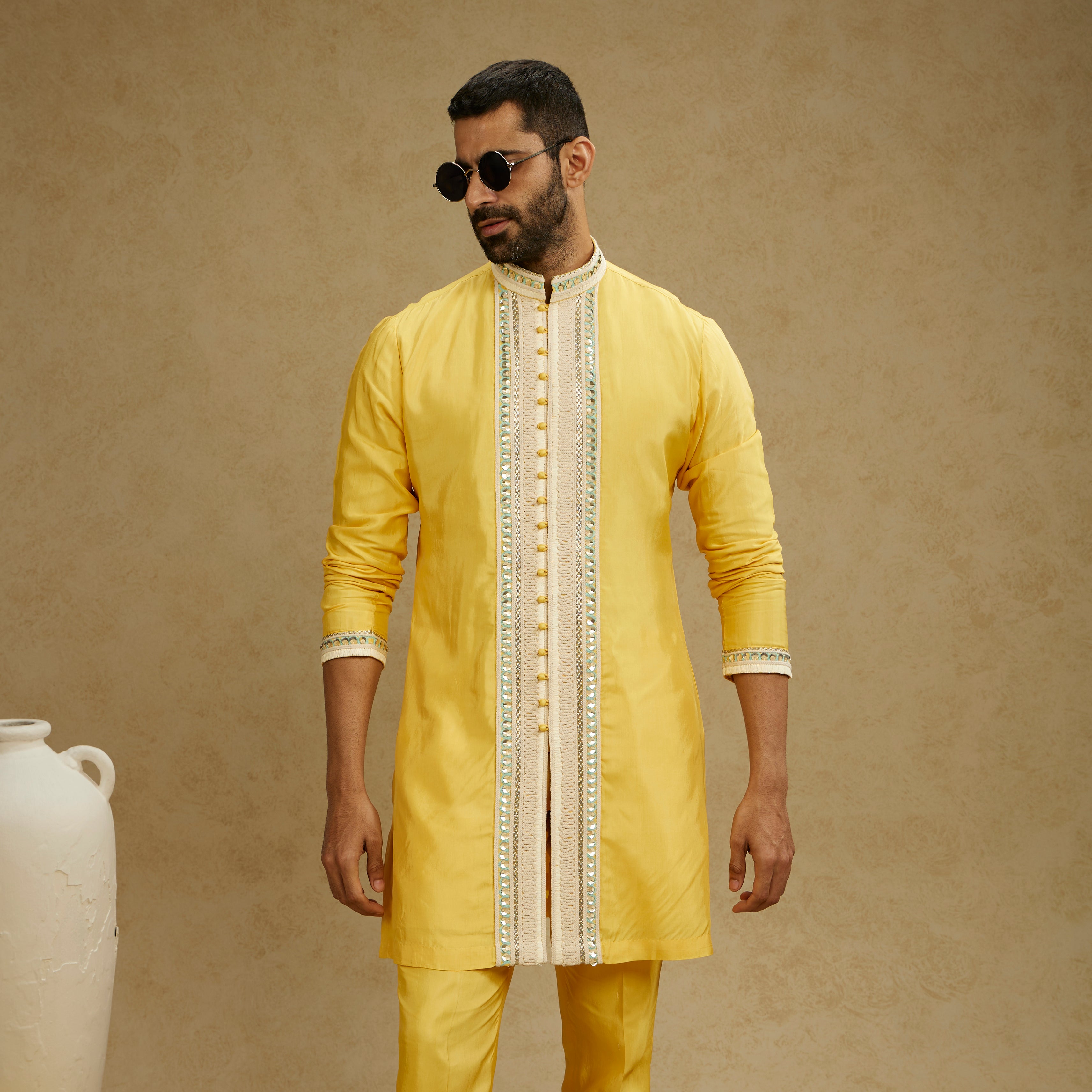 Dandelion Yellow Front Open Threadwork Kurta with Pants