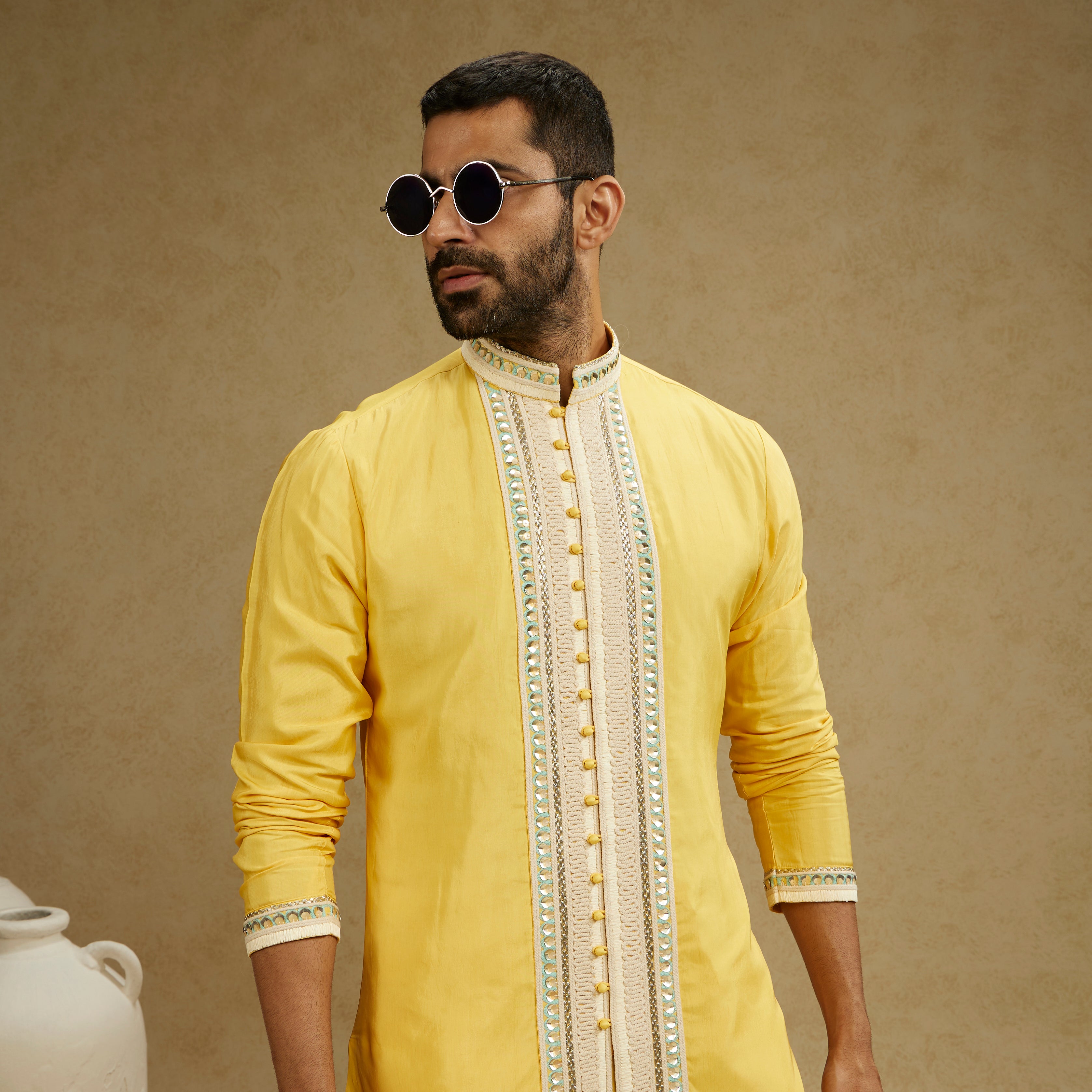 Dandelion Yellow Front Open Threadwork Kurta with Pants