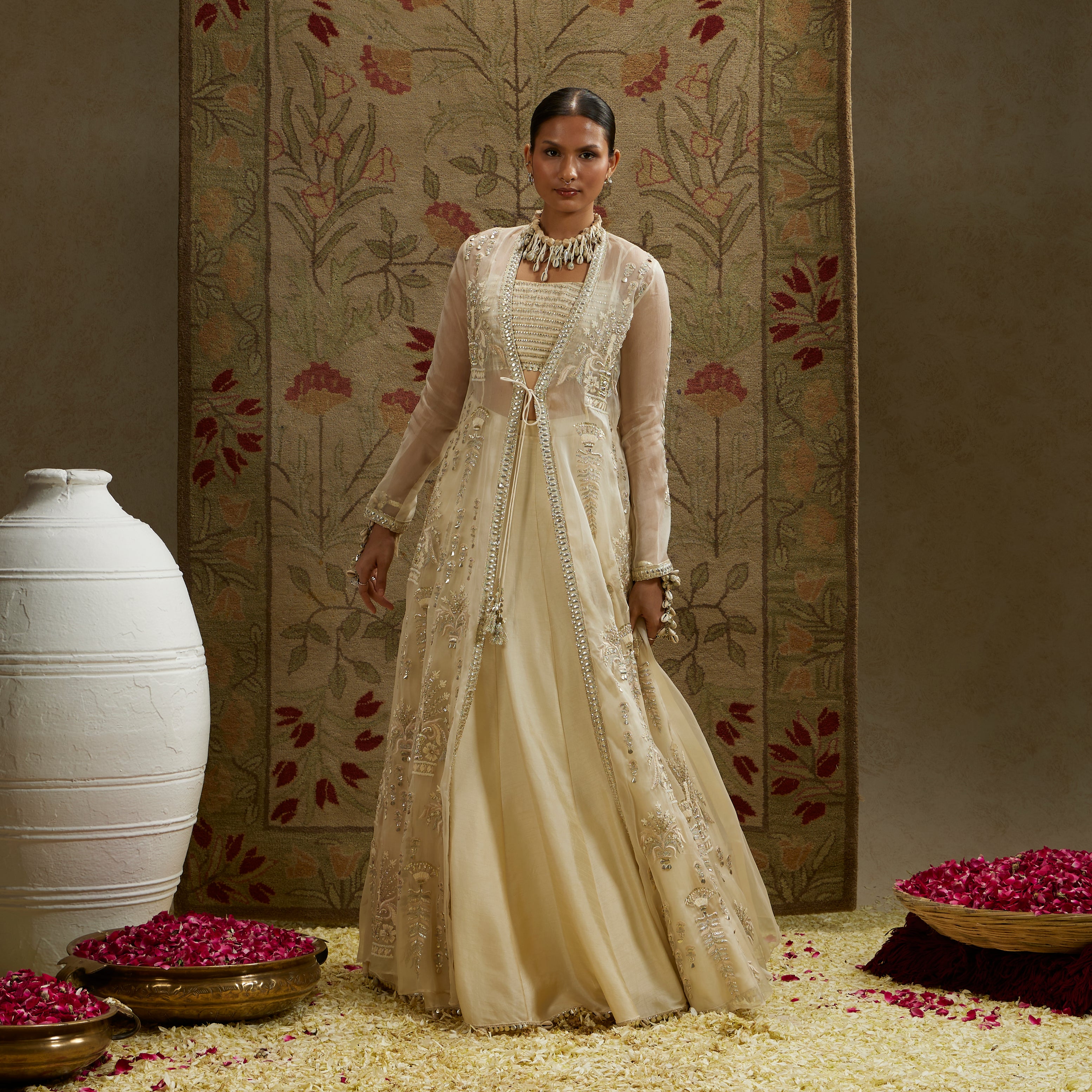 Magnolia Cream Organza Embellished Jacket with Metal Bustier and Skirt