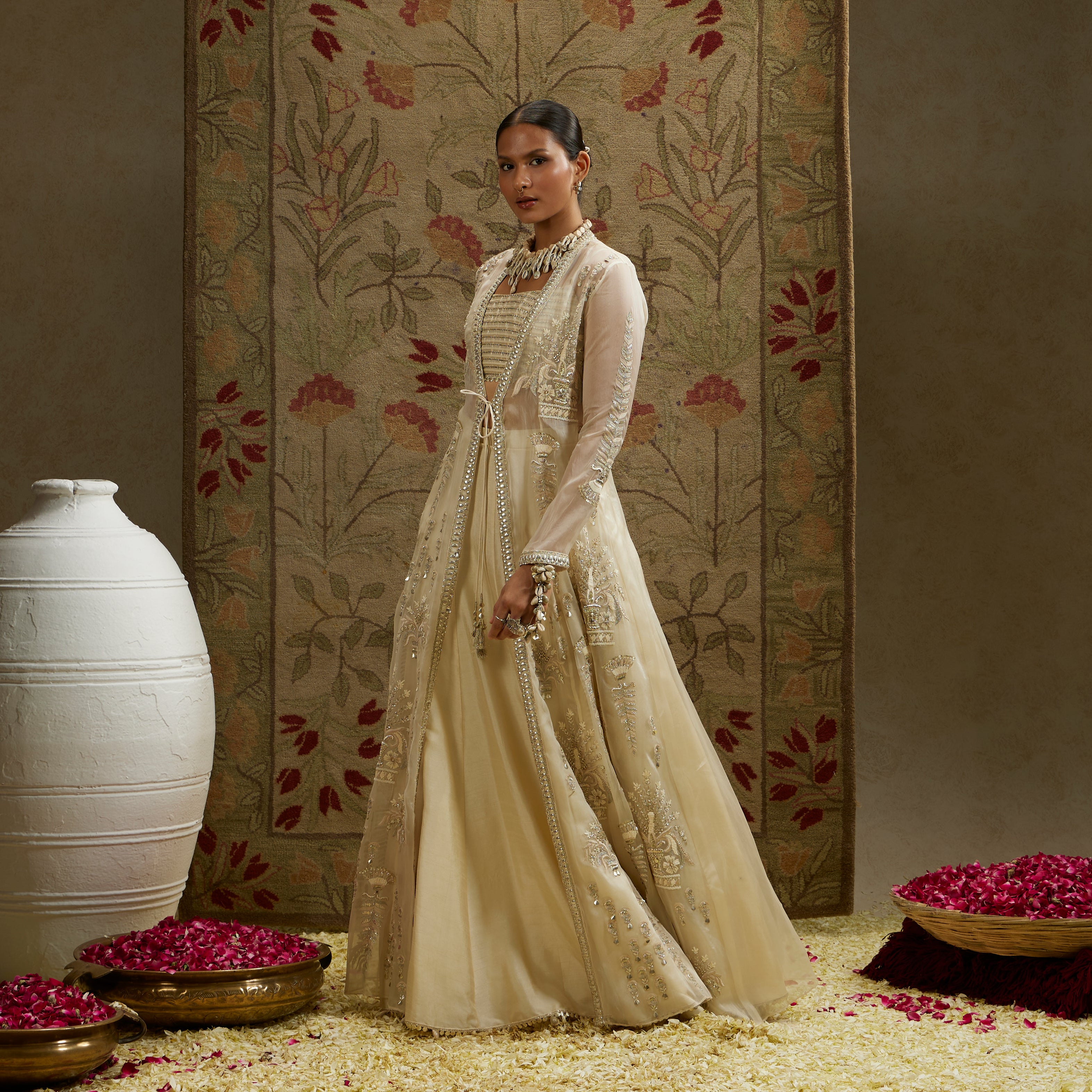 Magnolia Cream Organza Embellished Jacket with Metal Bustier and Skirt