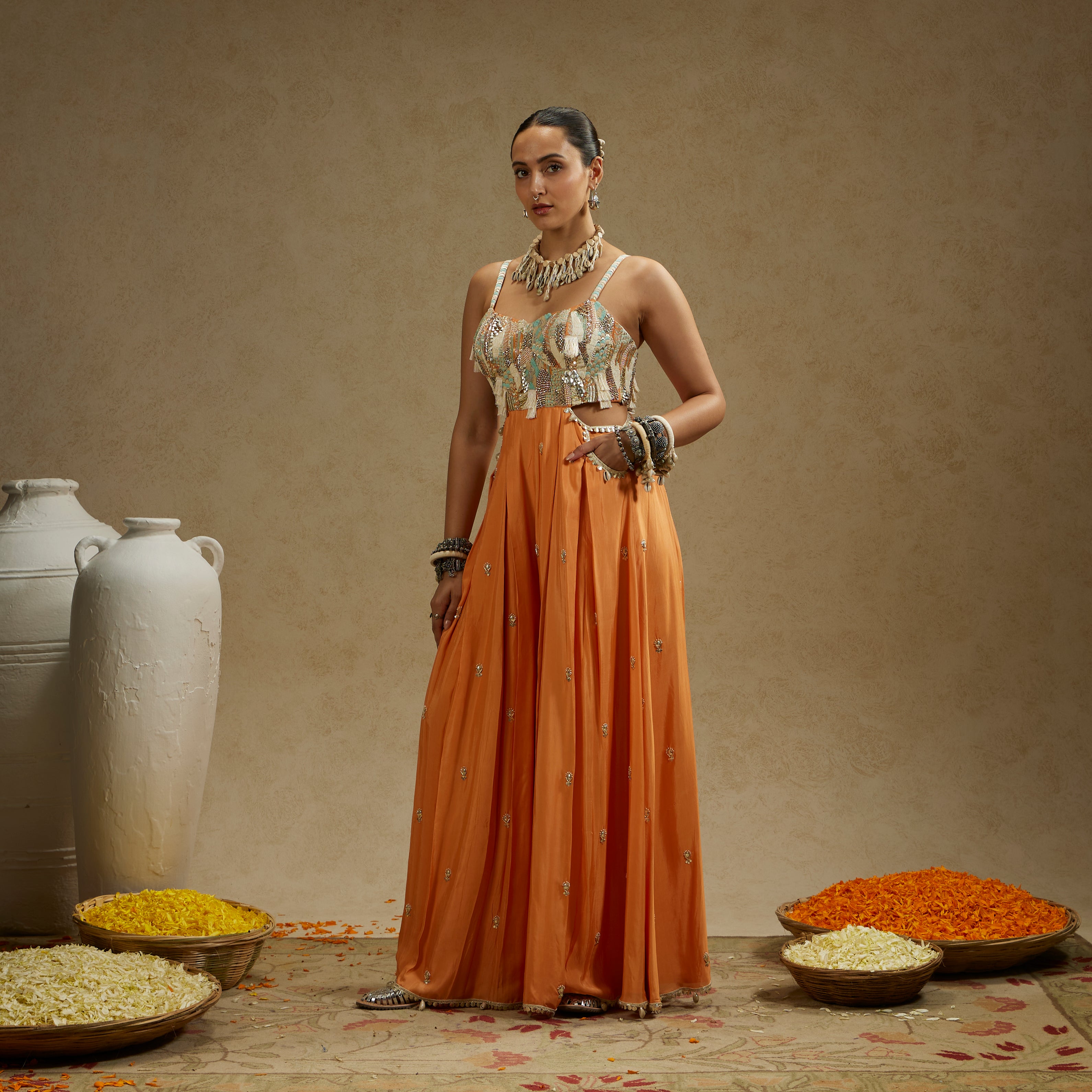 Orange Embellished Jumpsuit with Pockets