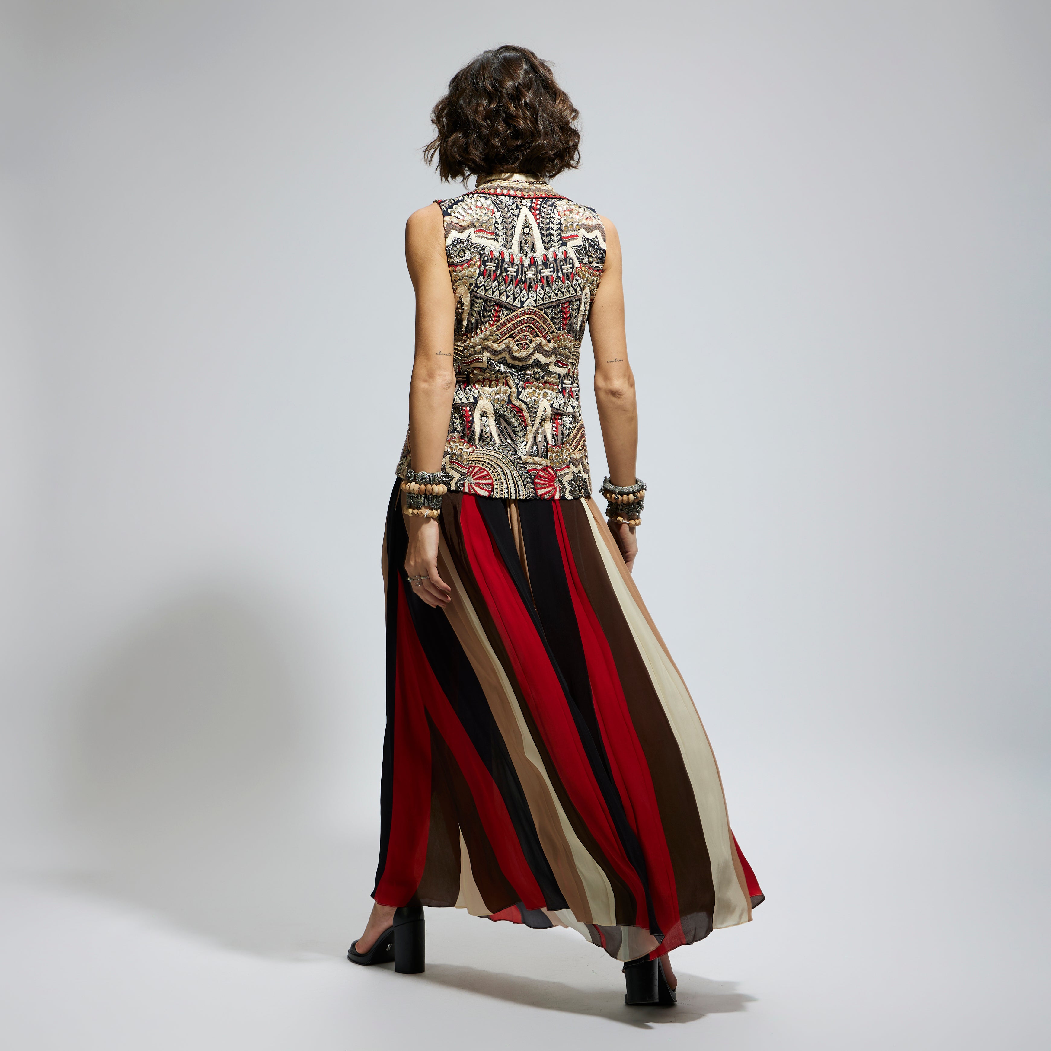 BLUE ABSTRACT EMBELLISHED JACKET PAIRED WITH SAMSARA STRIPE FLARED PANTS
