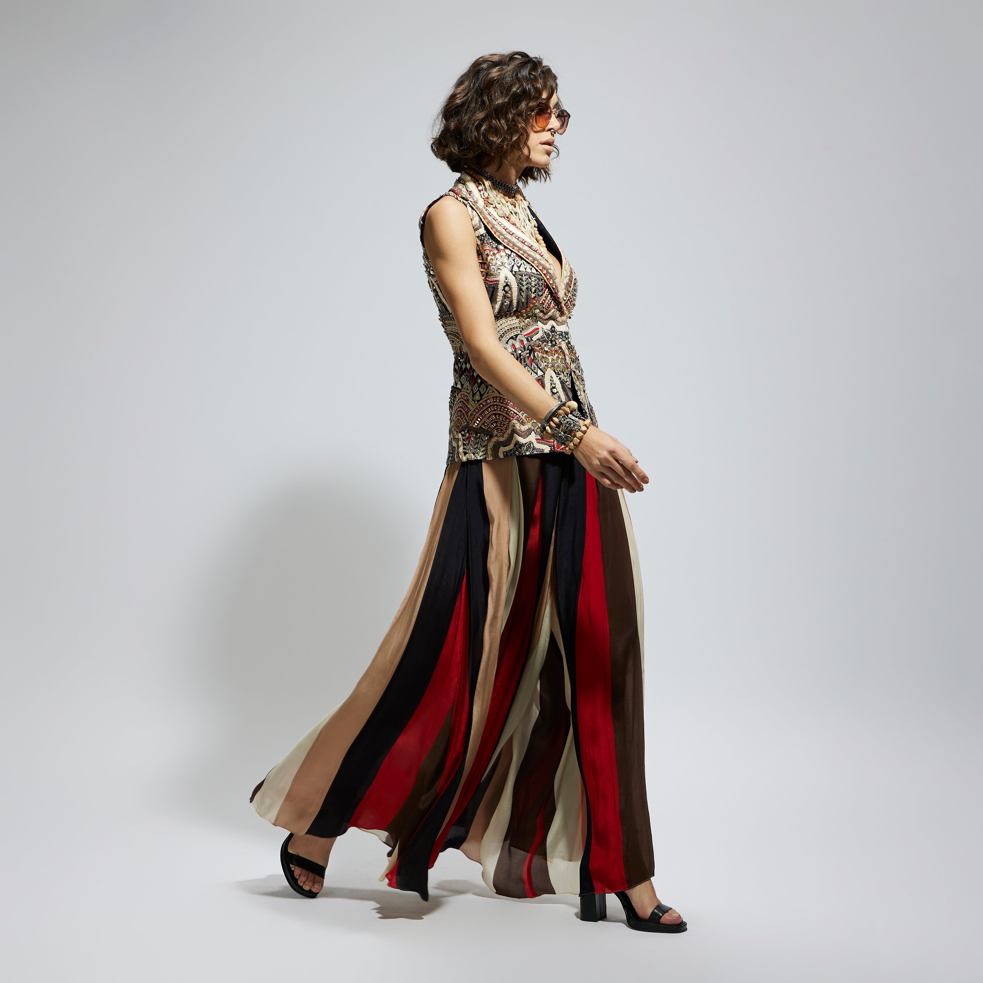 BLUE ABSTRACT EMBELLISHED JACKET PAIRED WITH SAMSARA STRIPE FLARED PANTS