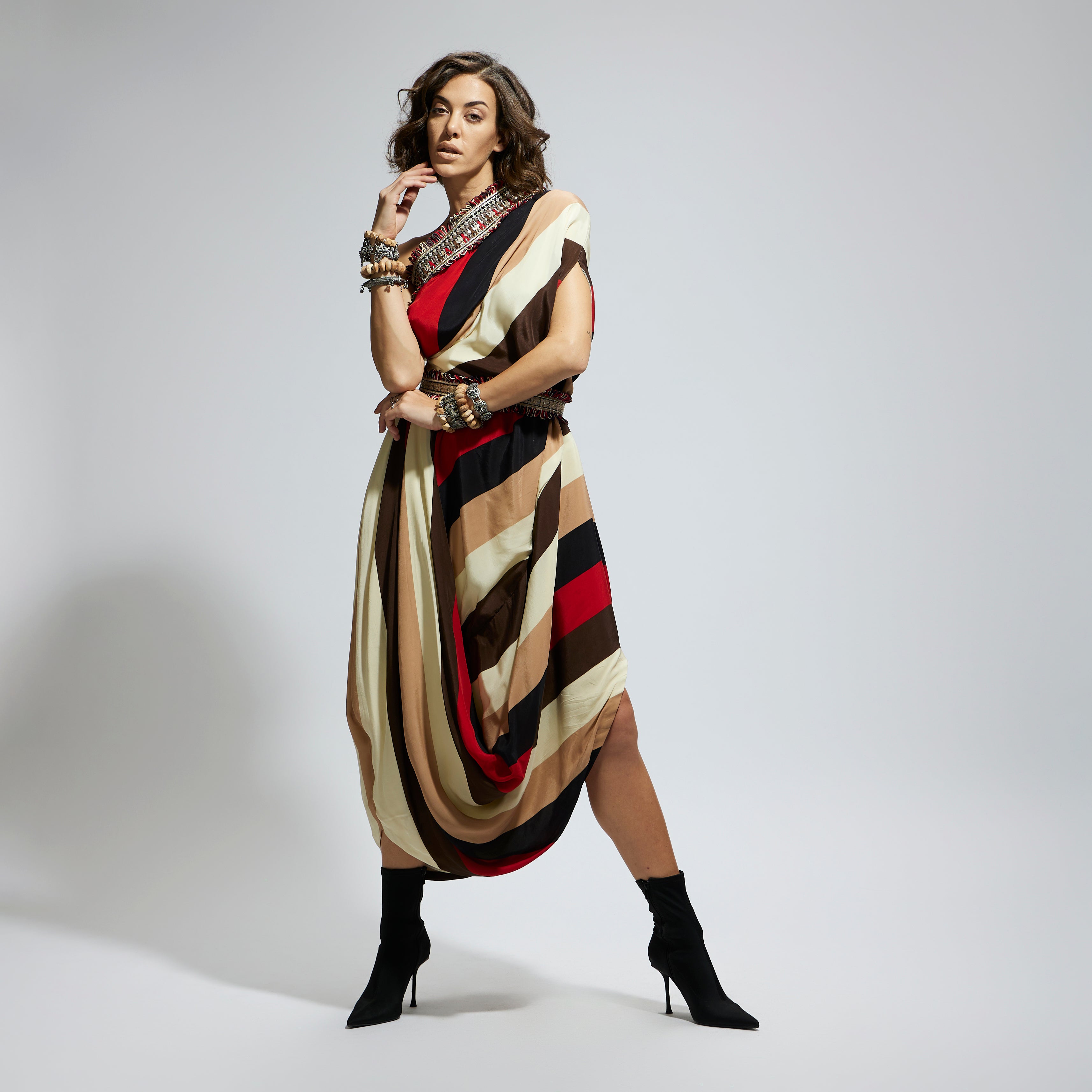 SAMSARA STRIPE ONE SHOULDER COWL DRESS TEAMED WITH A BELT