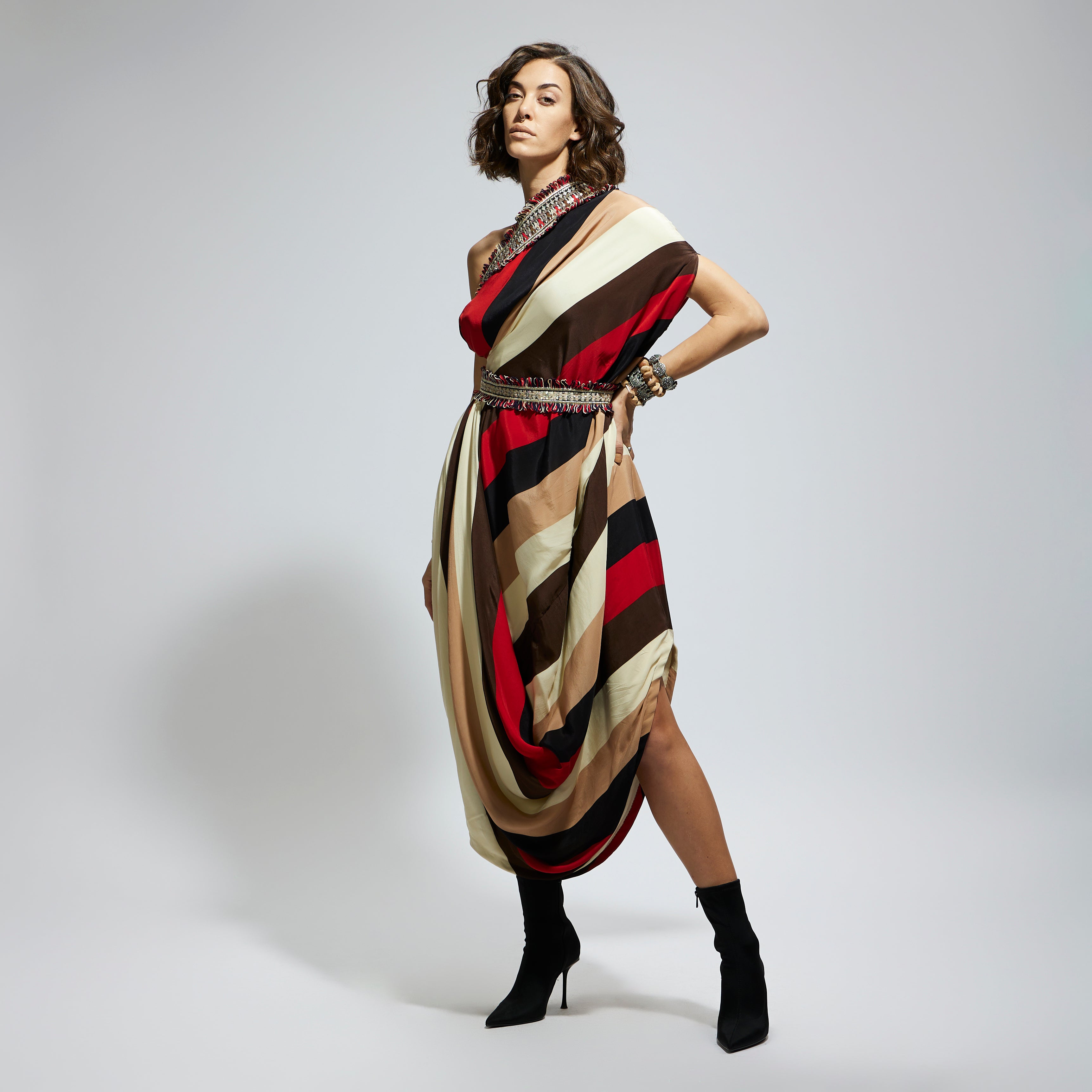 SAMSARA STRIPE ONE SHOULDER COWL DRESS TEAMED WITH A BELT