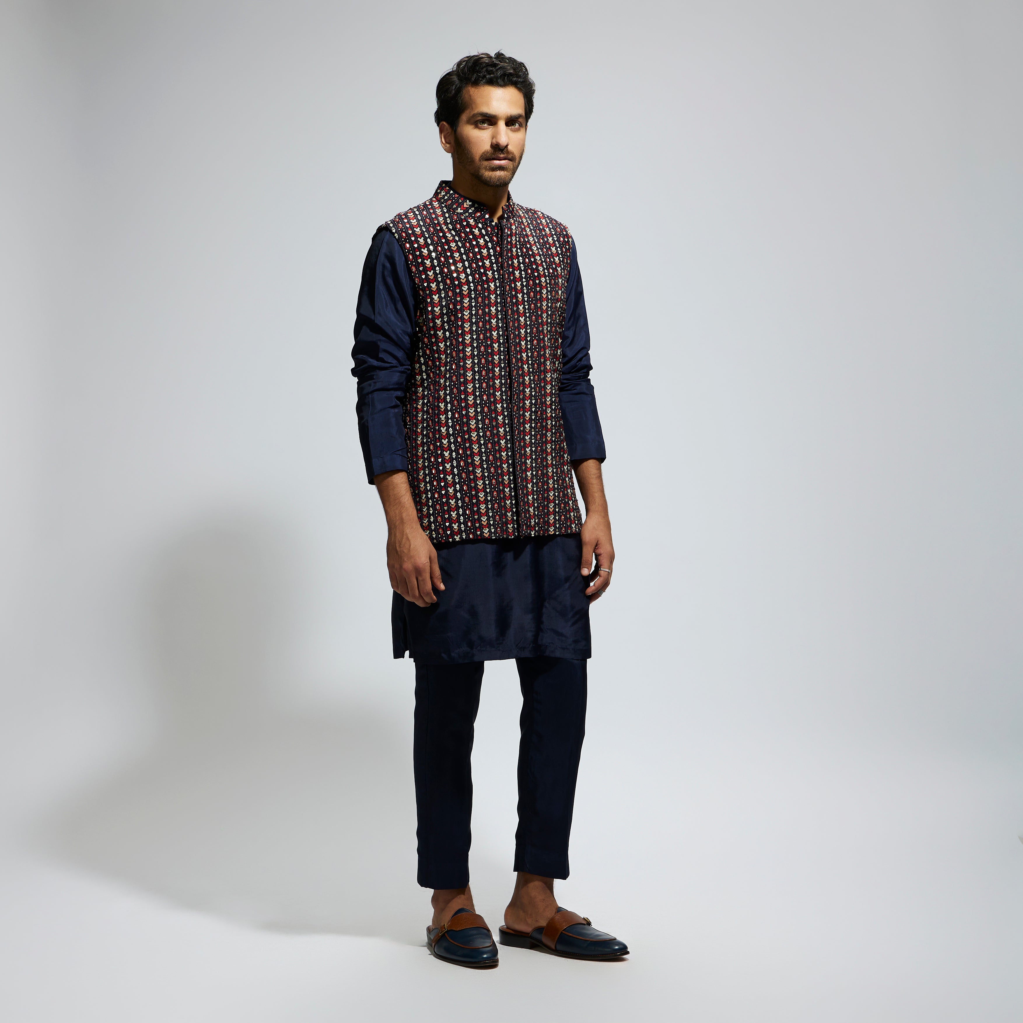 BLUE BOHO GEO EMBELLISHED BUNDI
PAIRED WITH SOLID BLUE KURTA AND PANTS