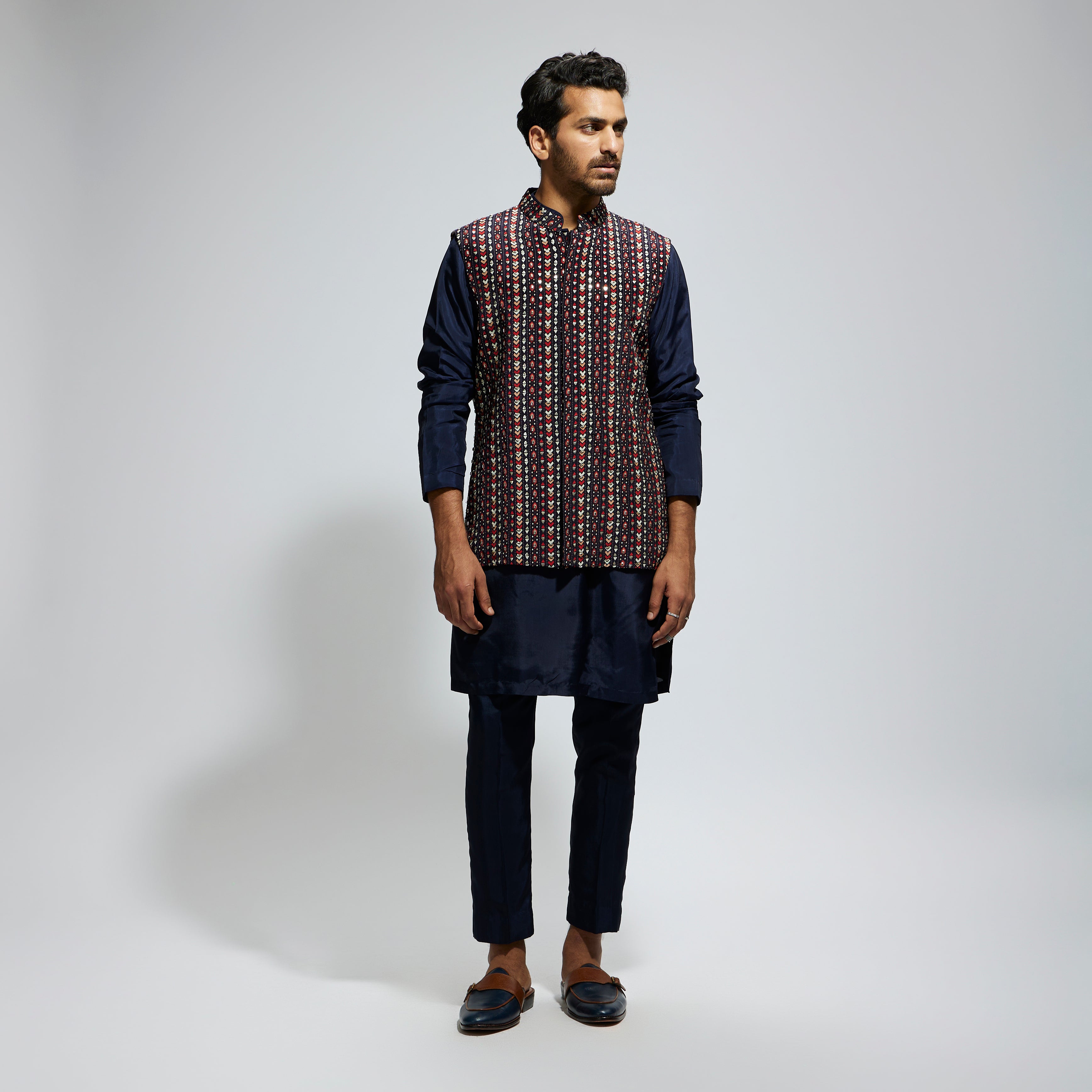 BLUE BOHO GEO EMBELLISHED BUNDI
PAIRED WITH SOLID BLUE KURTA AND PANTS