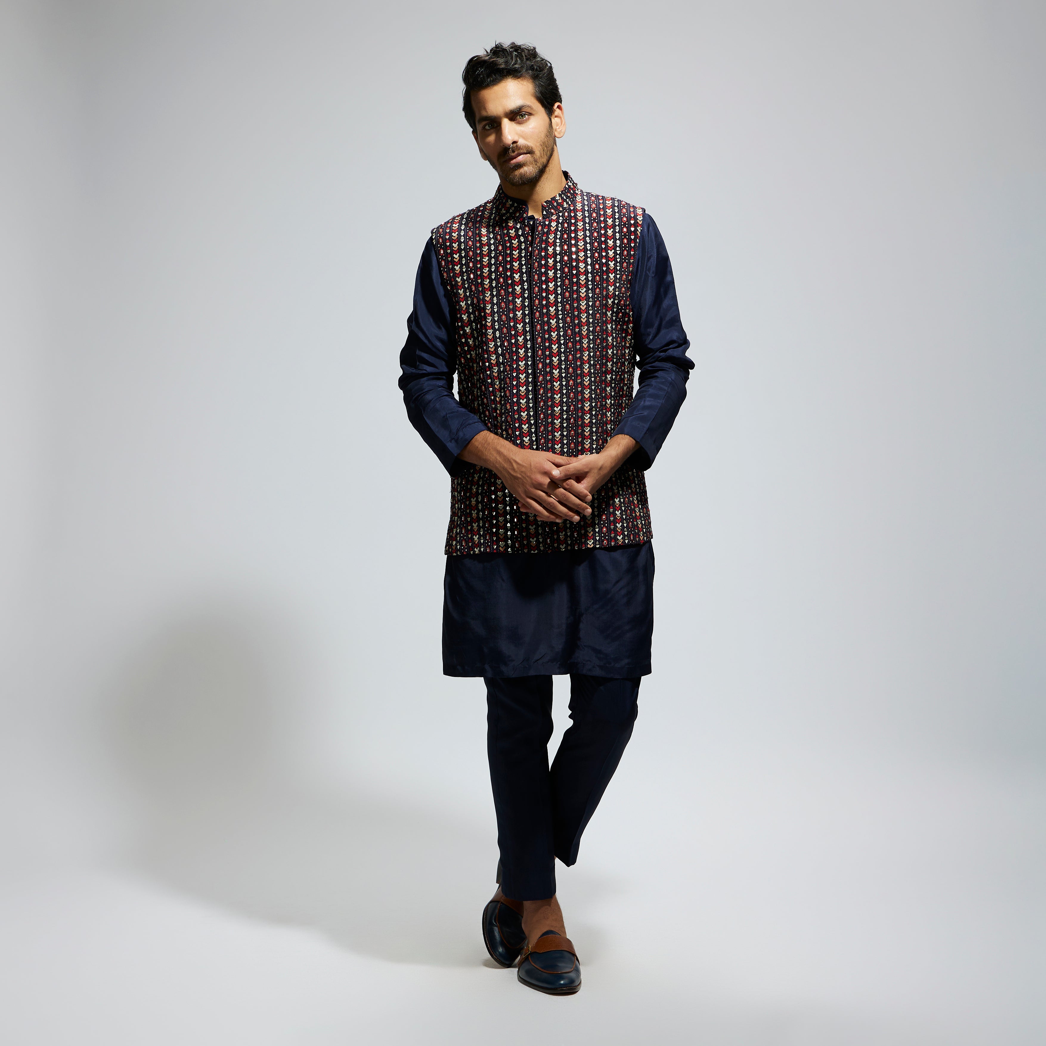 BLUE BOHO GEO EMBELLISHED BUNDI
PAIRED WITH SOLID BLUE KURTA AND PANTS