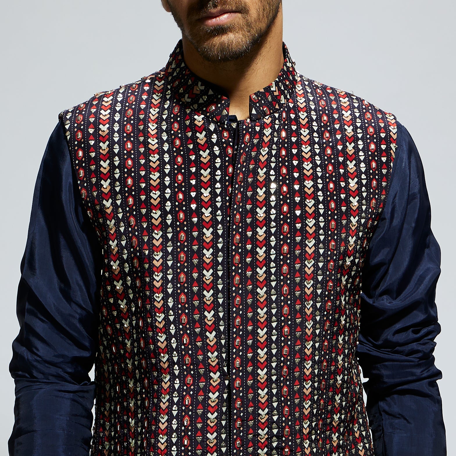 BLUE BOHO GEO EMBELLISHED BUNDI
PAIRED WITH SOLID BLUE KURTA AND PANTS