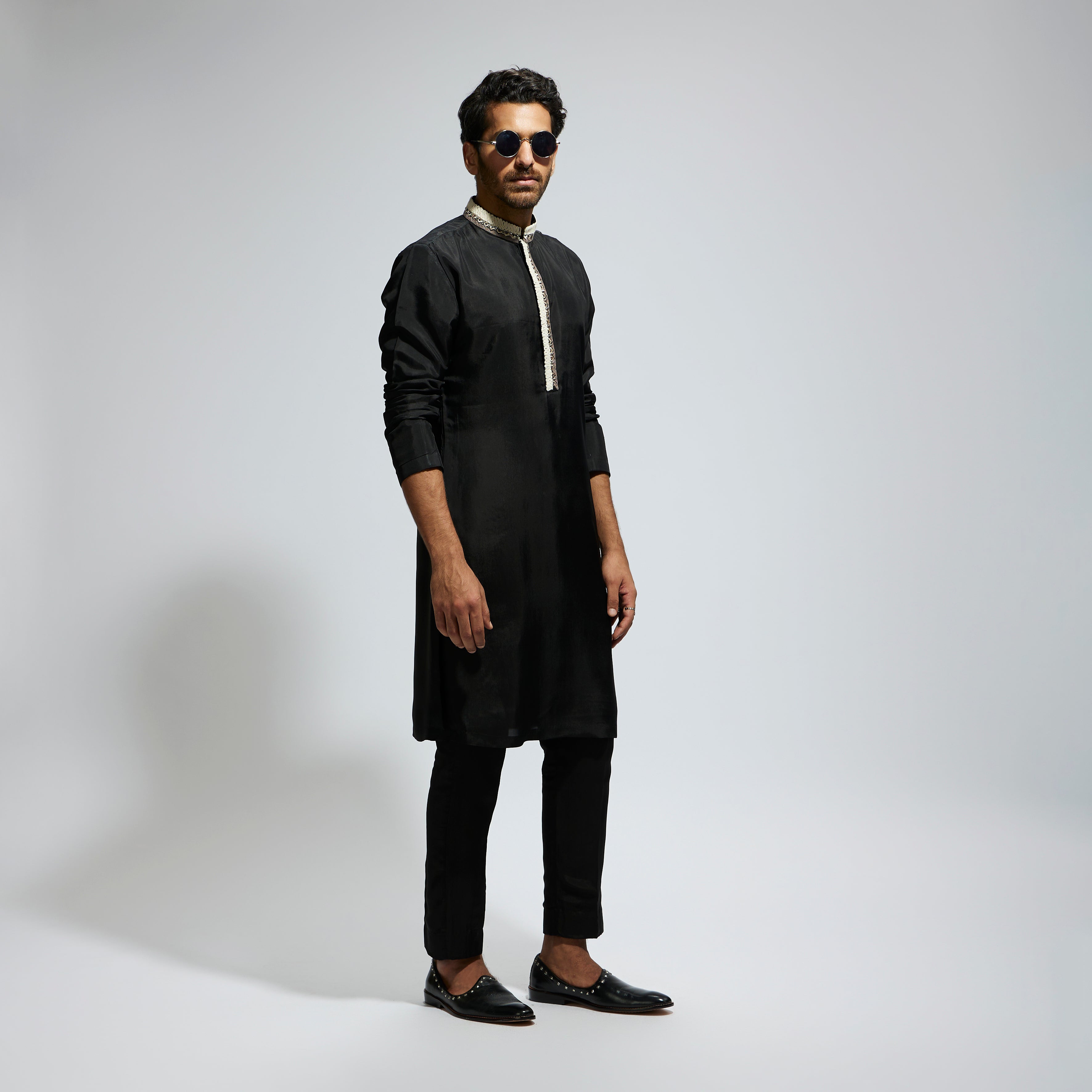 BLACK SOLID KURTA WITH EMB COLLAR AND KURTA WITH PANTS