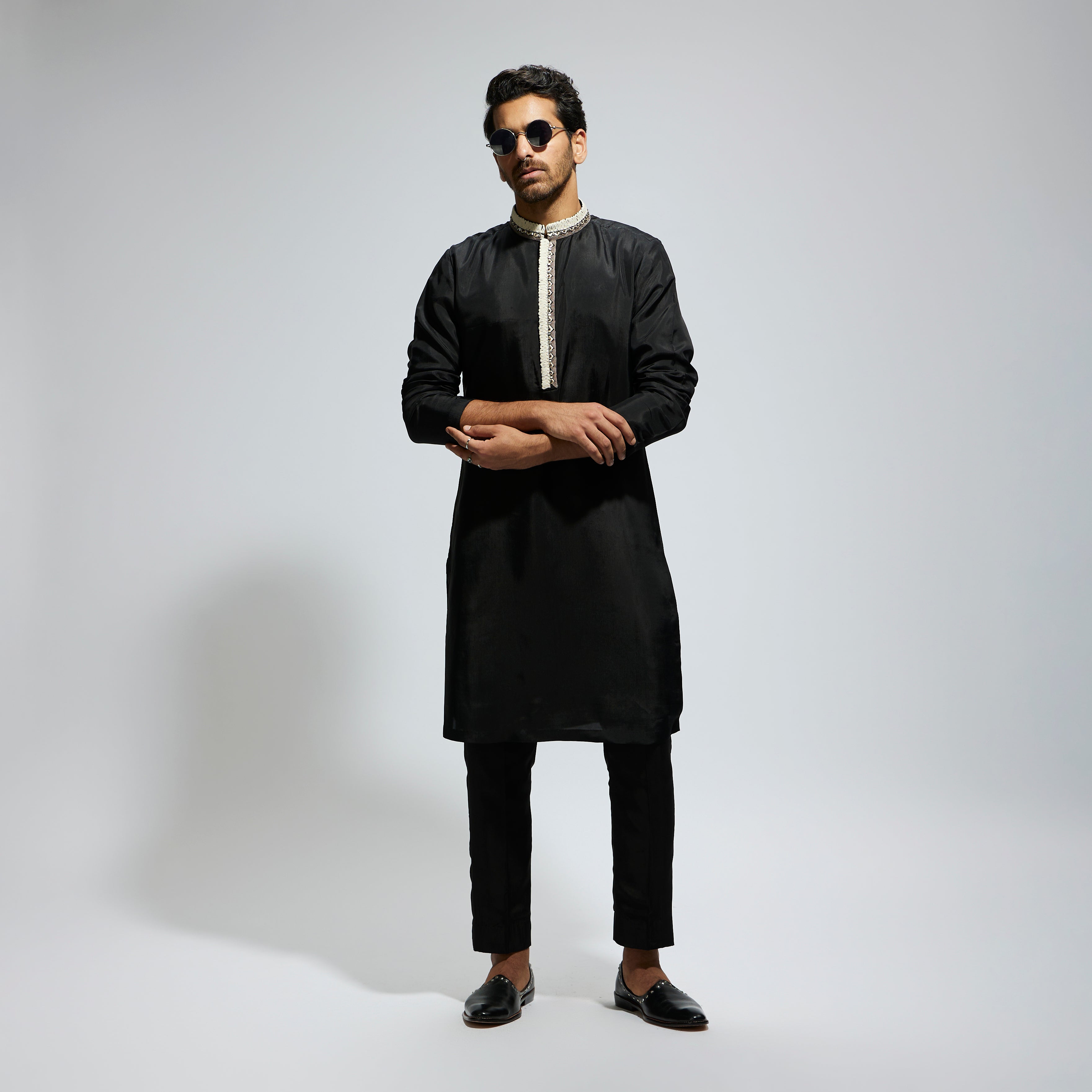 BLACK SOLID KURTA WITH EMB COLLAR AND KURTA WITH PANTS
