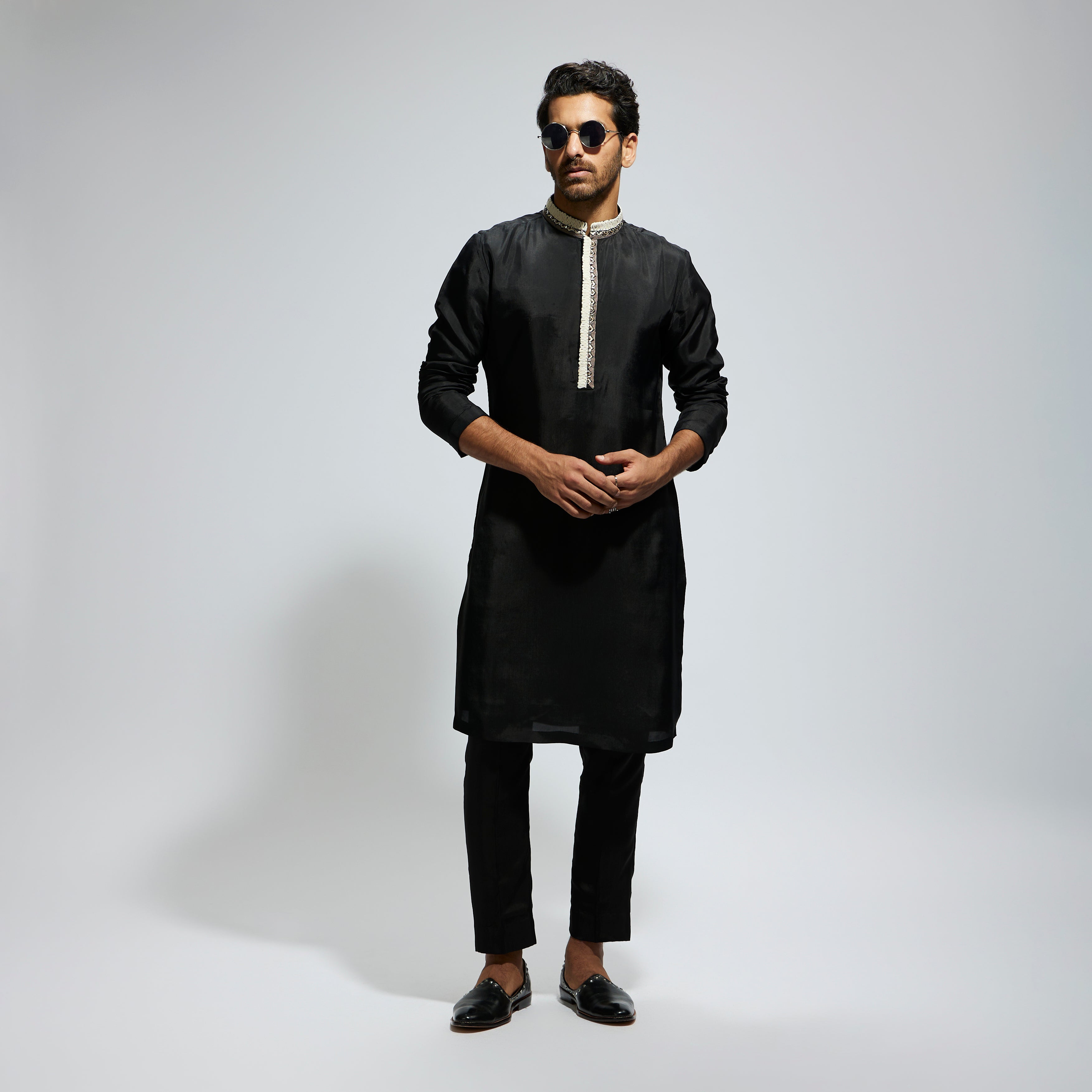BLACK SOLID KURTA WITH EMB COLLAR AND KURTA WITH PANTS