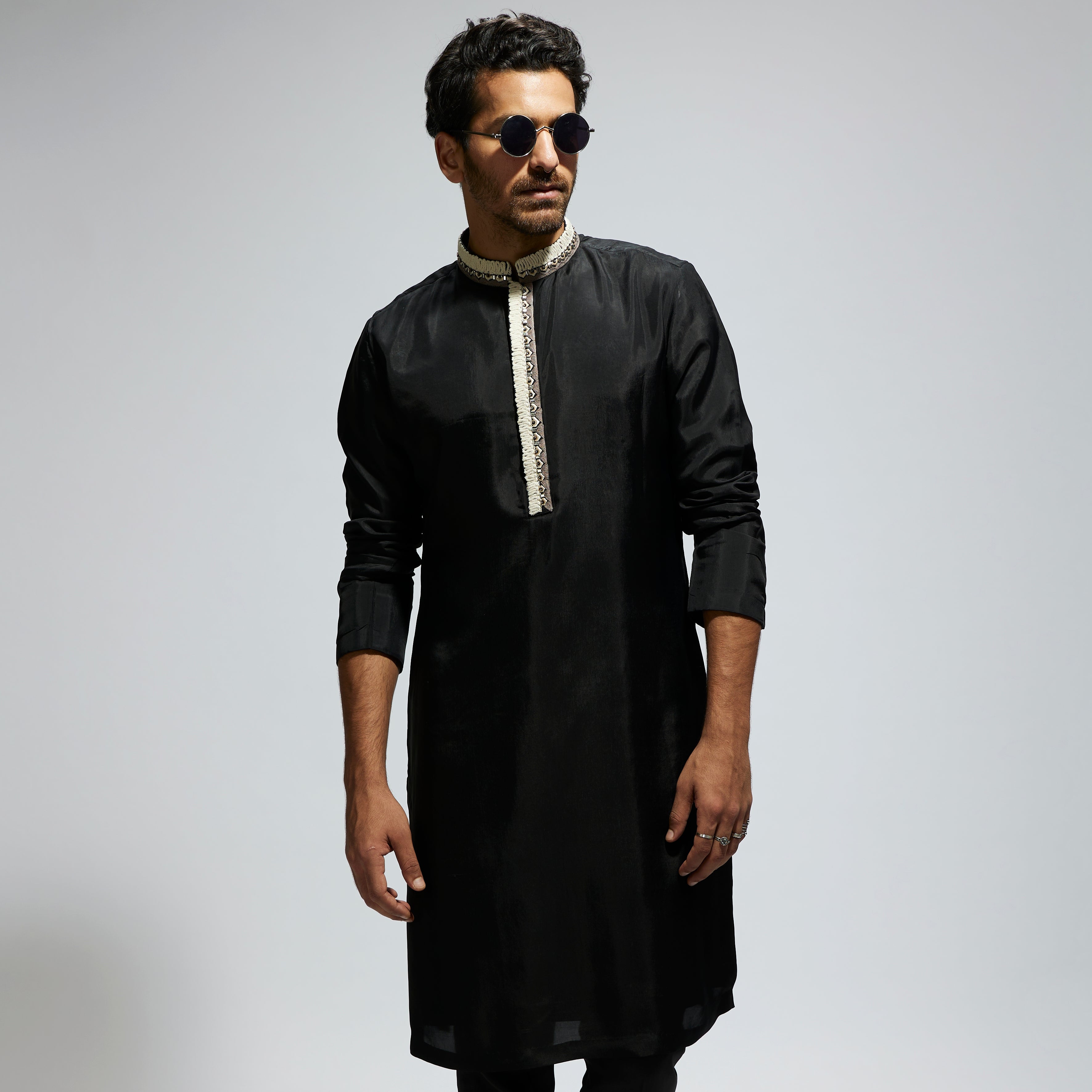 BLACK SOLID KURTA WITH EMB COLLAR AND KURTA WITH PANTS