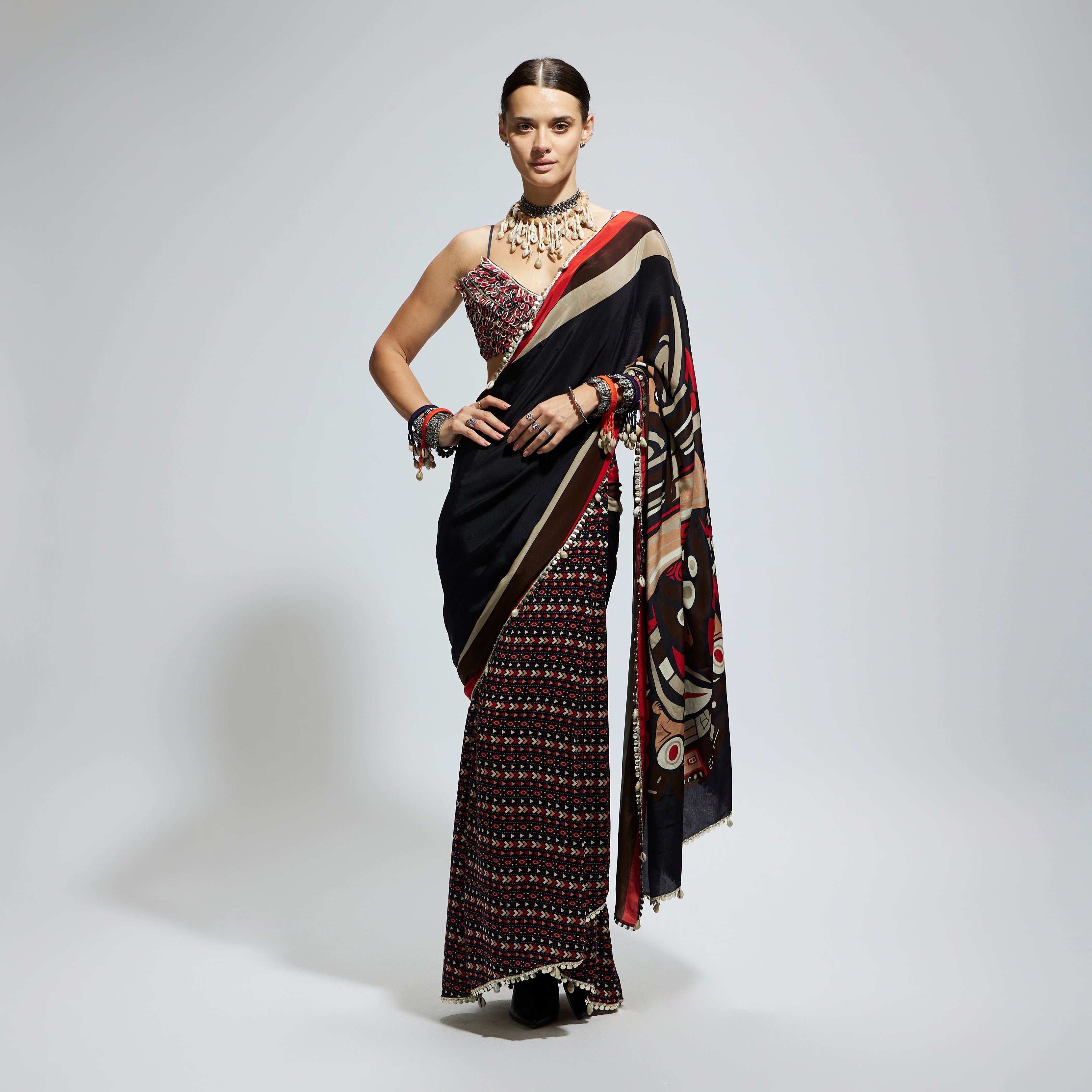 BLACK MASK PRINT CASCADE SAREE WITH TEXTURED BUSTIER