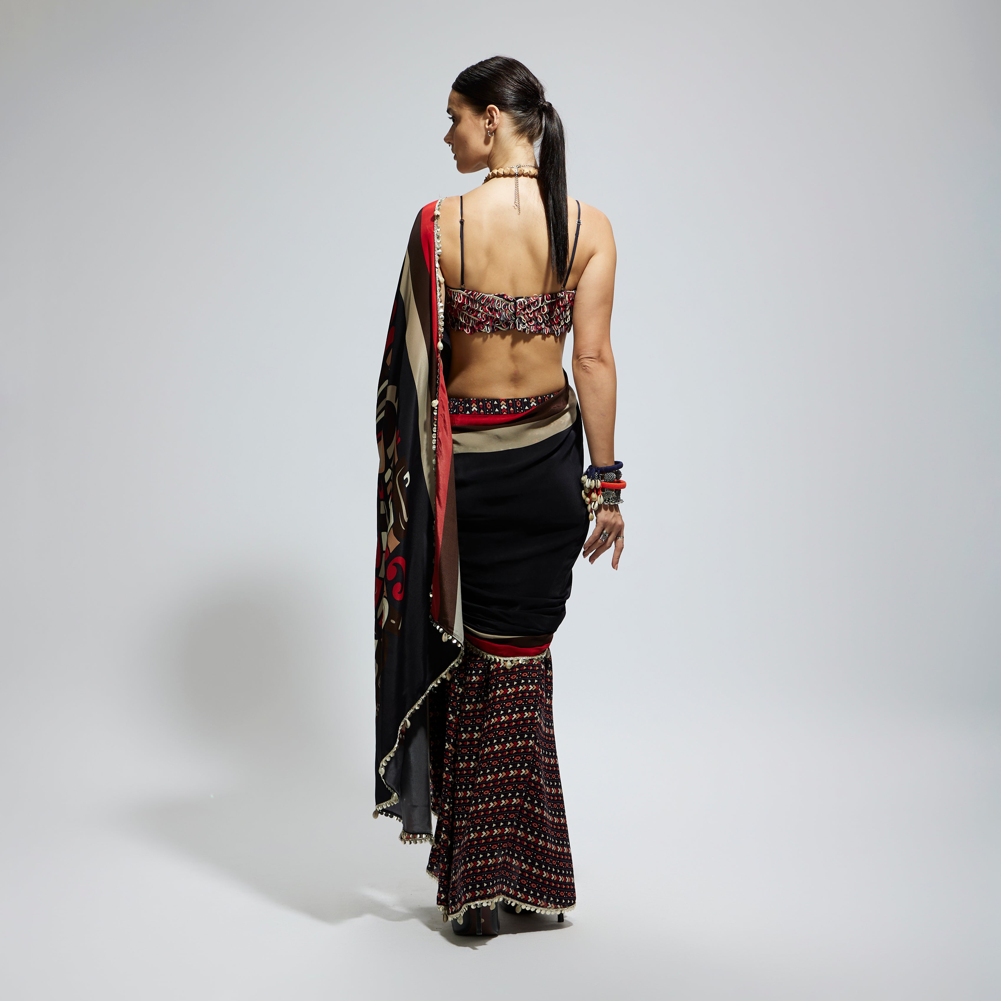BLACK MASK PRINT CASCADE SAREE WITH TEXTURED BUSTIER