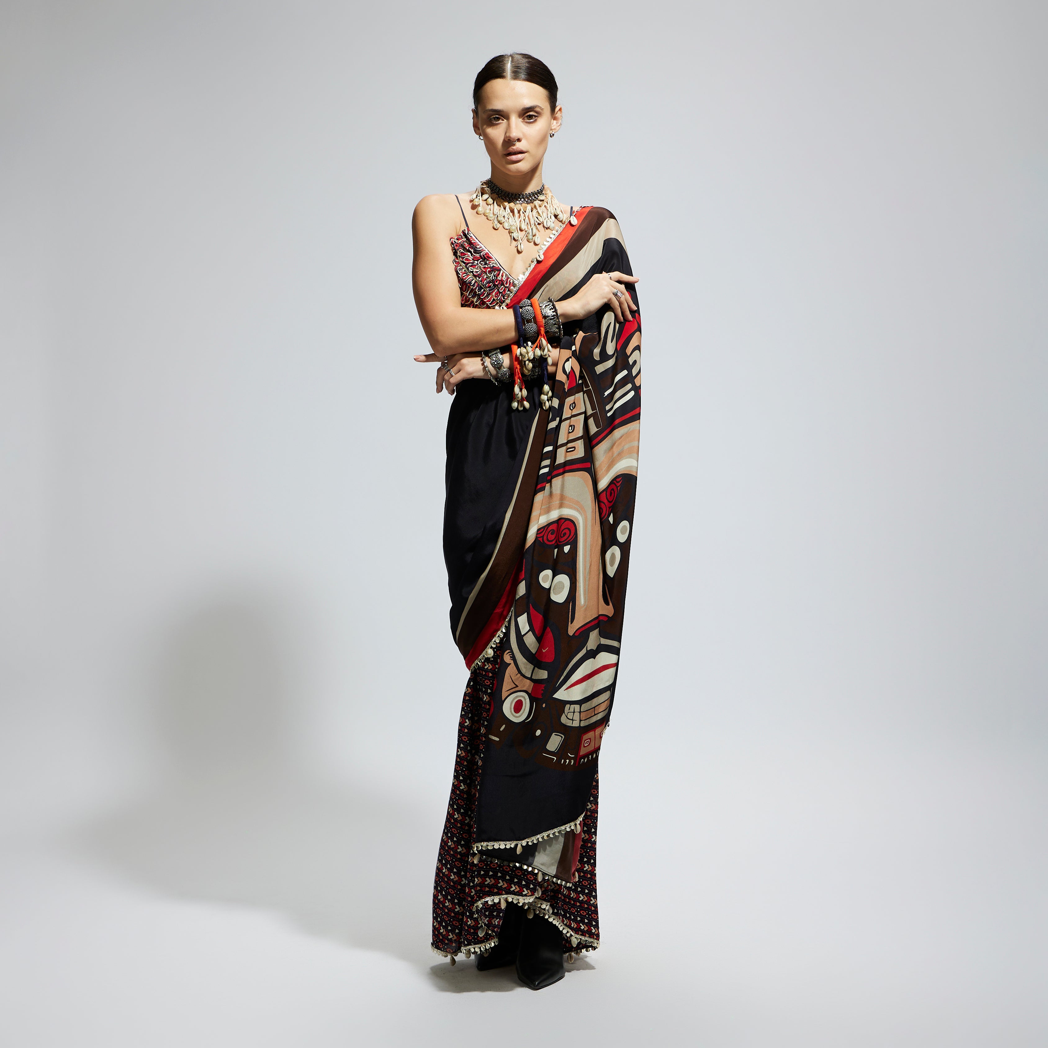 BLACK MASK PRINT CASCADE SAREE WITH TEXTURED BUSTIER