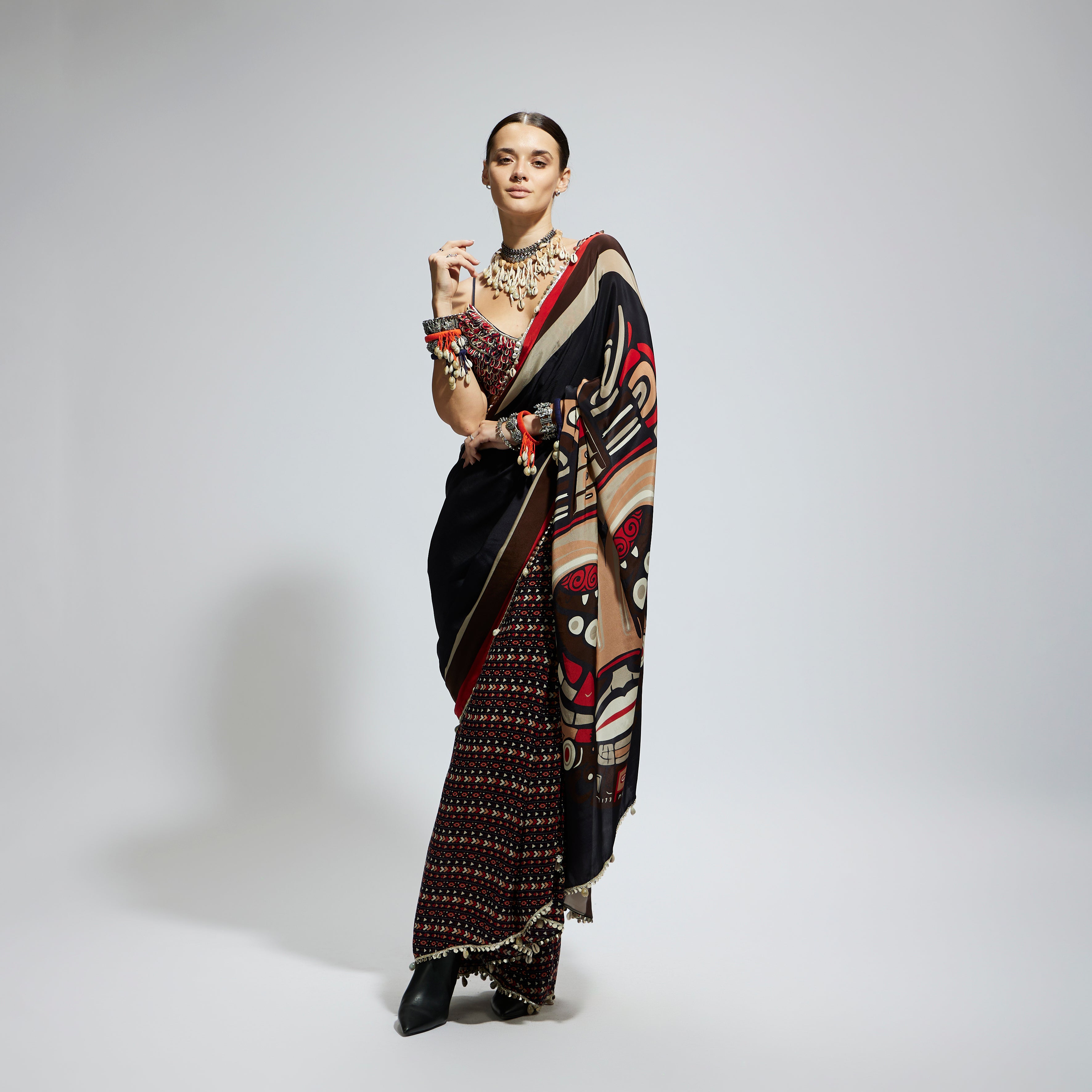 BLACK MASK PRINT CASCADE SAREE WITH TEXTURED BUSTIER