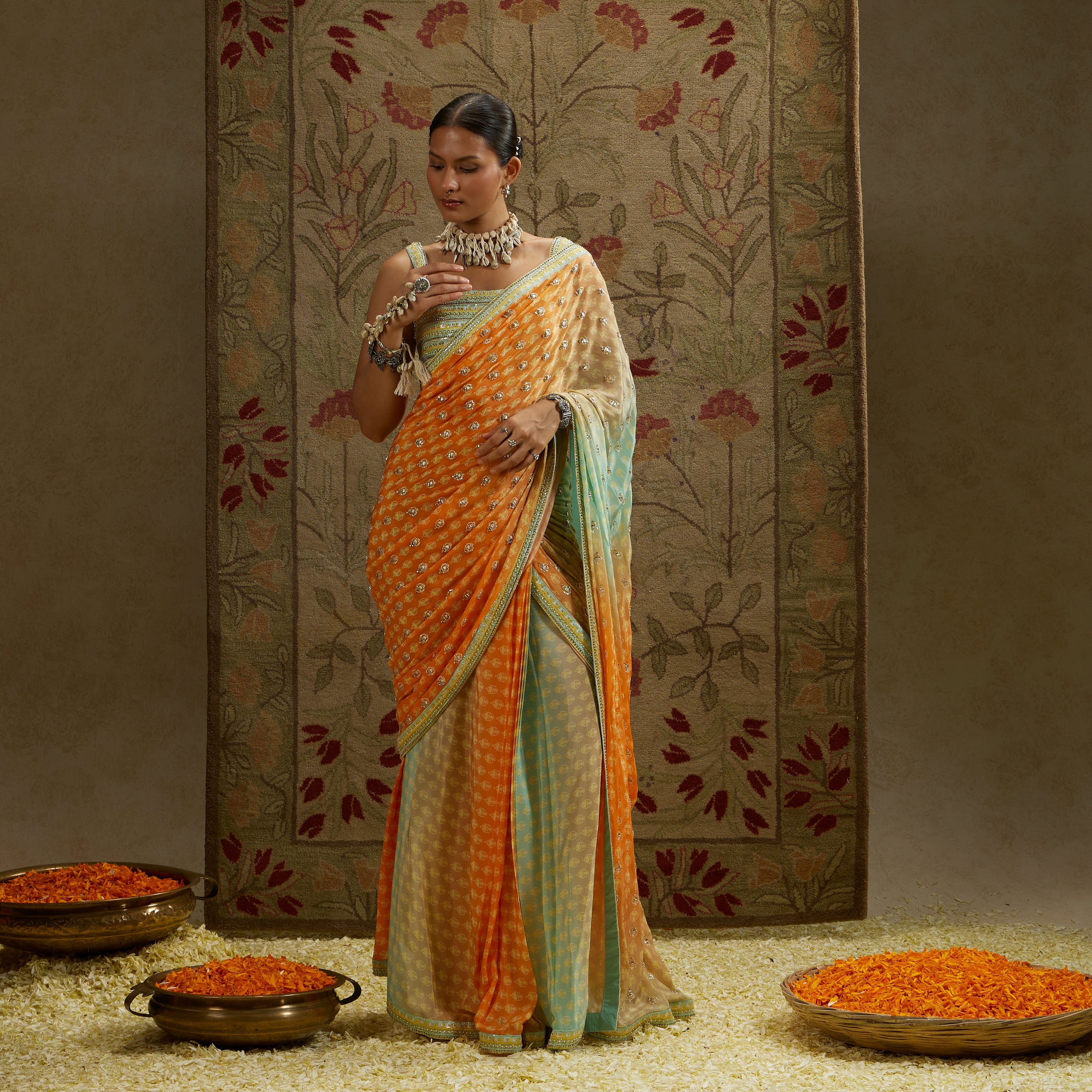 Embellished Bustier with Orange Blue Embellished Saree