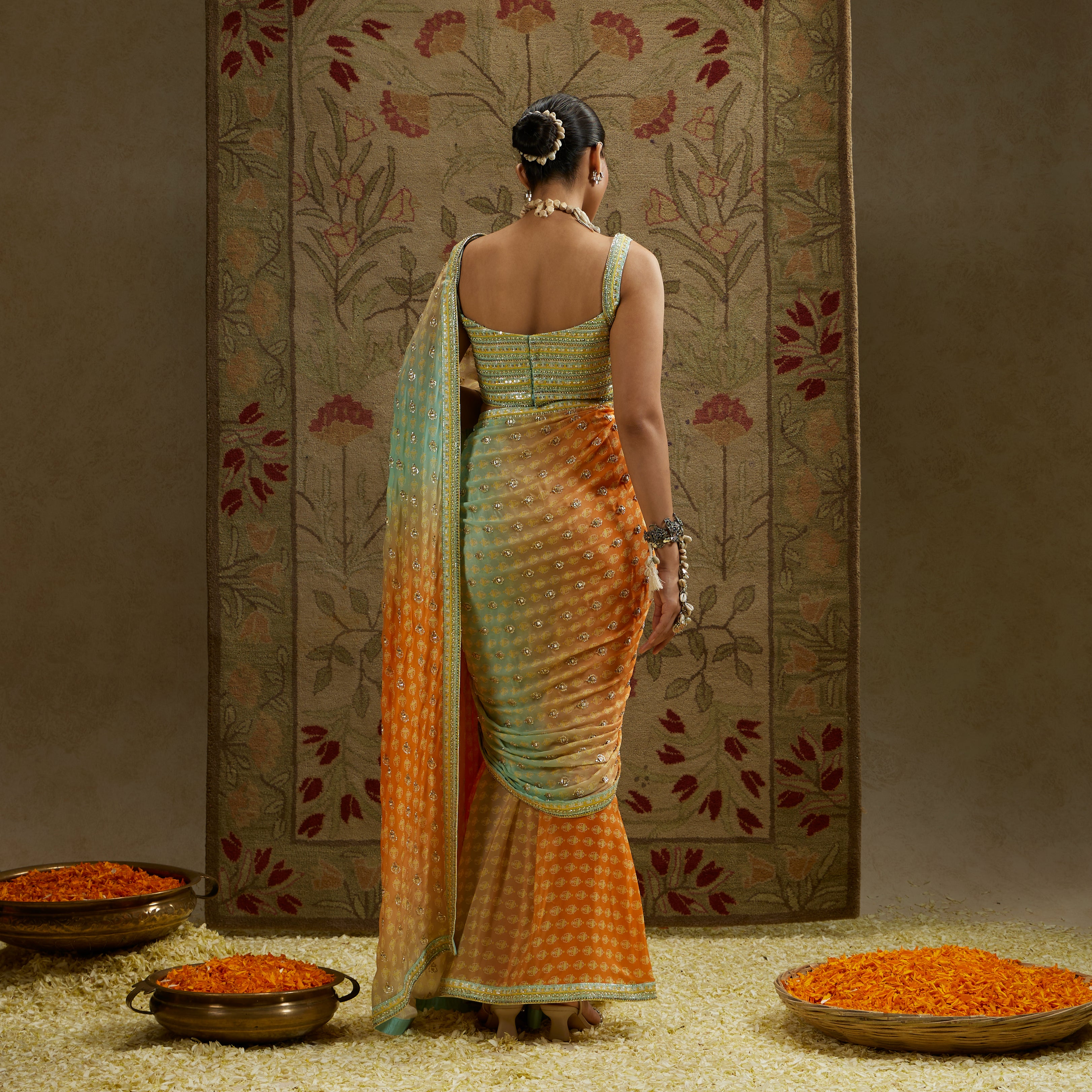 Embellished Bustier with Orange Blue Embellished Saree