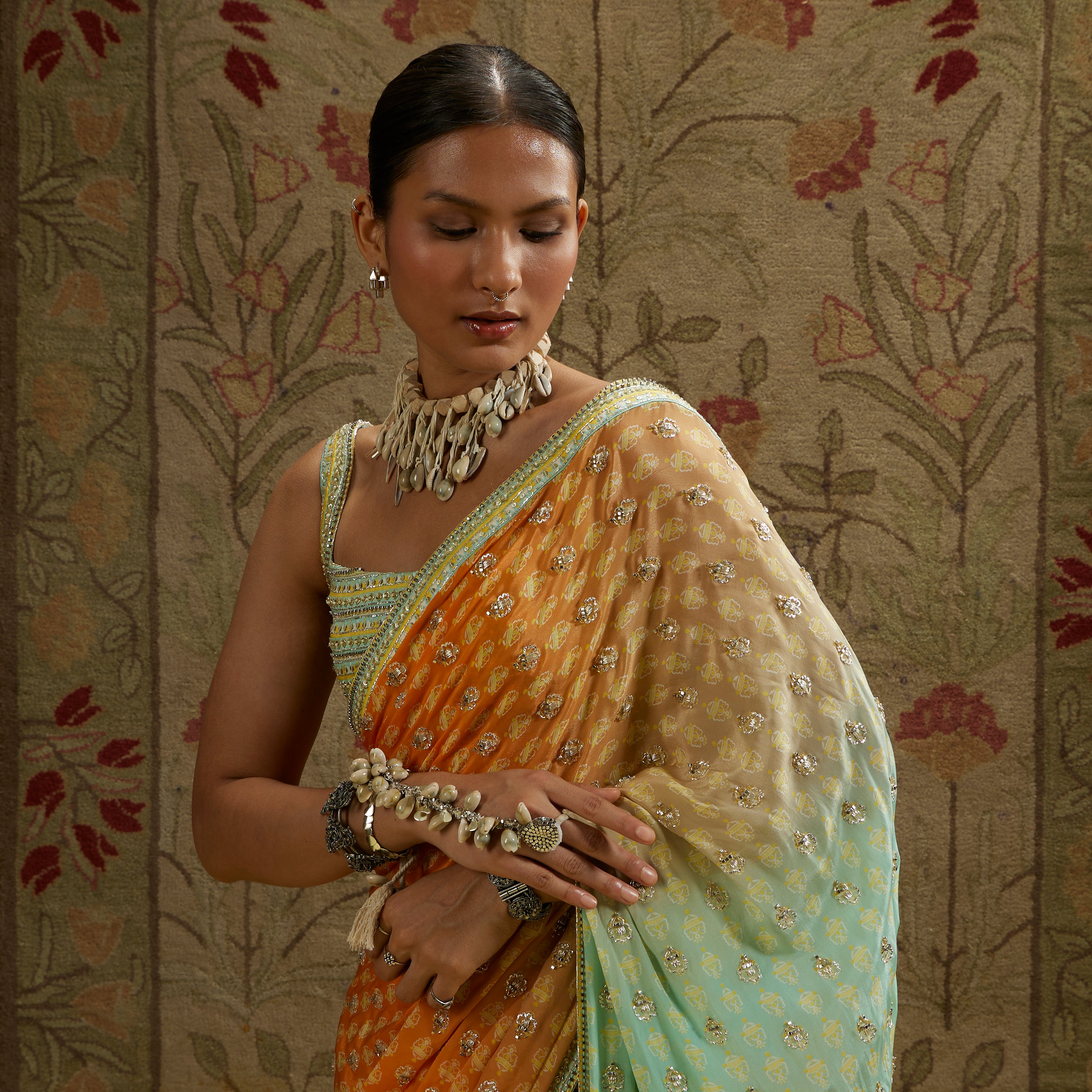 Embellished Bustier with Orange Blue Embellished Saree