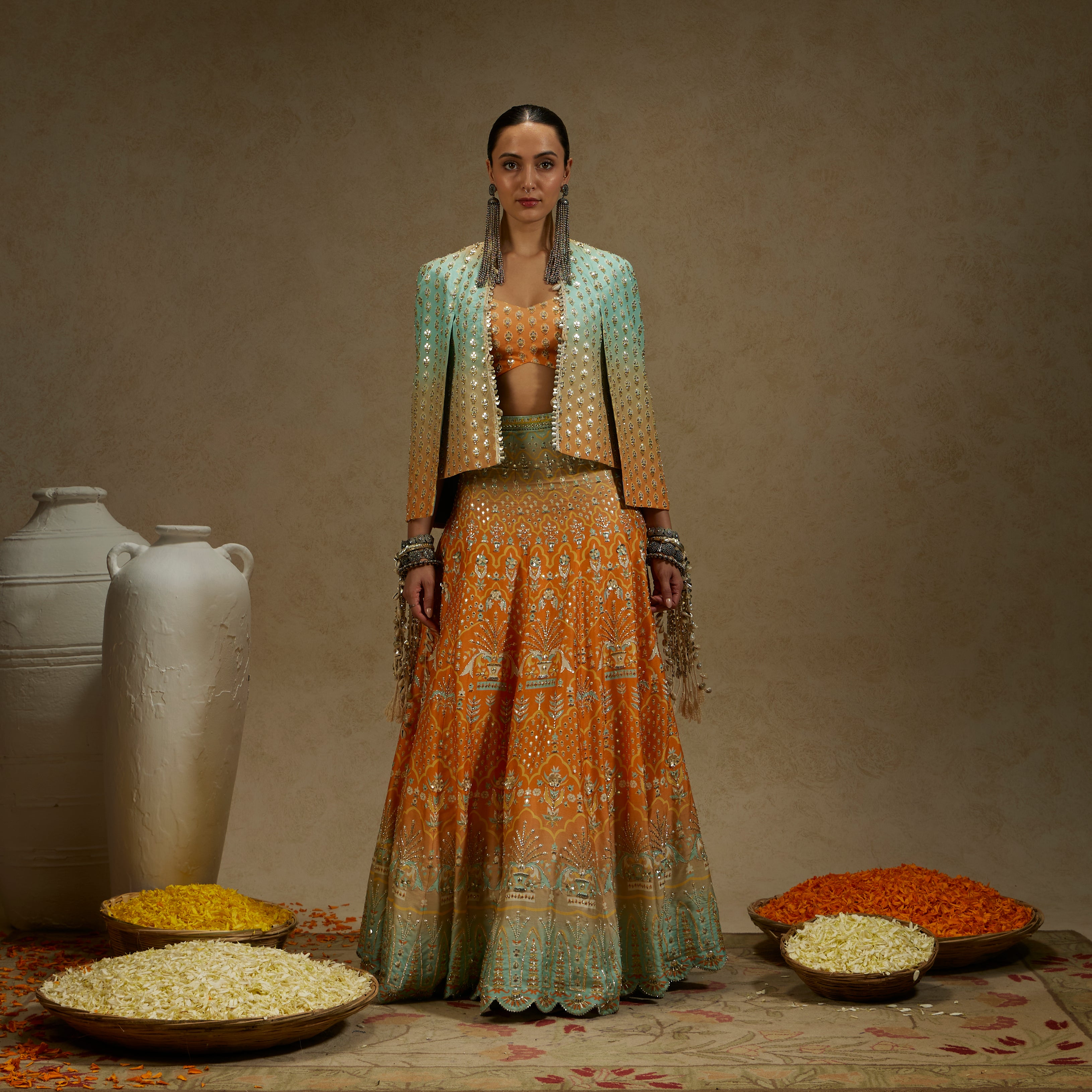 Orange Blue Embellished Cape Jacket with Bustier and Ombre Lehenga