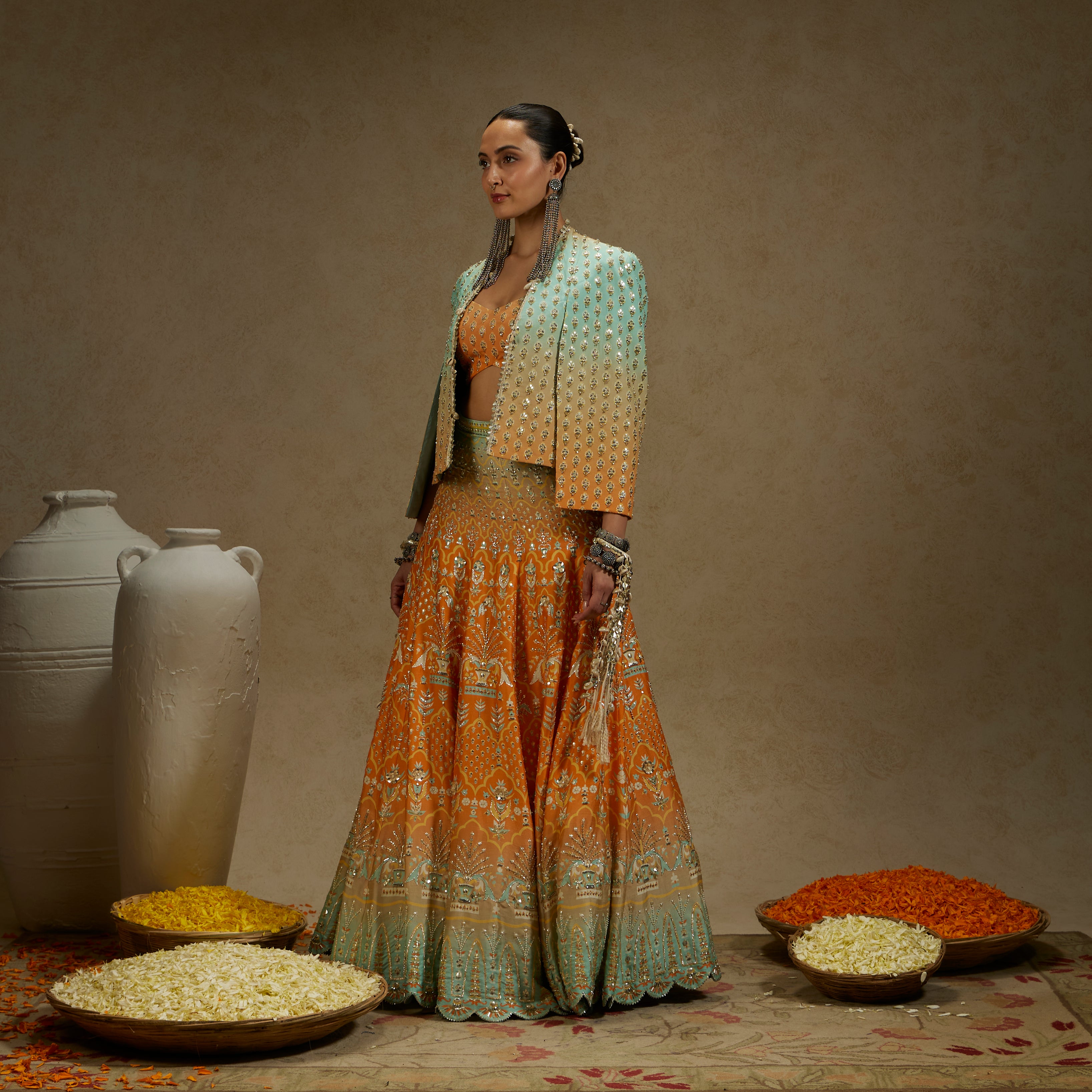 Orange Blue Embellished Cape Jacket with Bustier and Ombre Lehenga