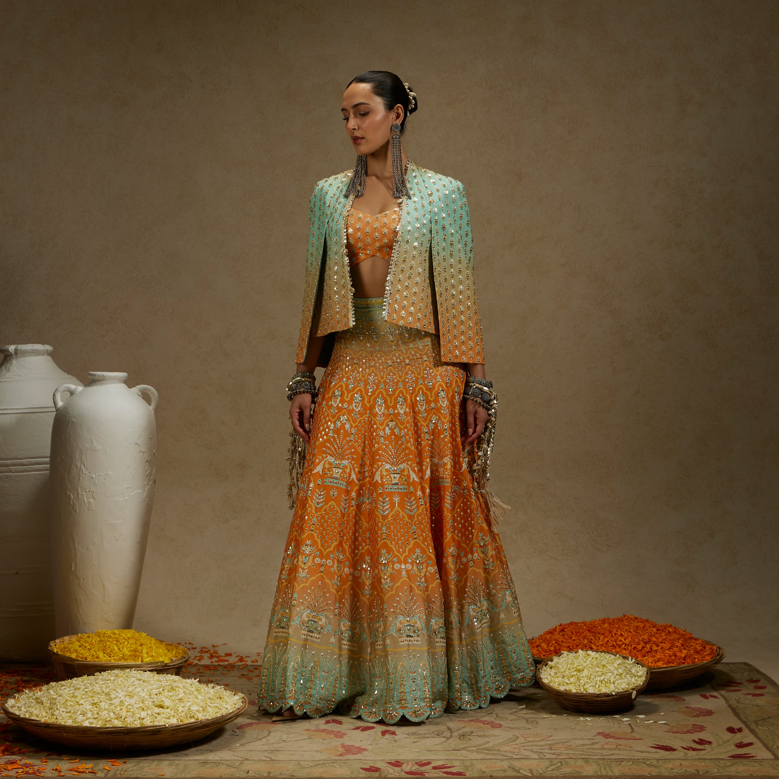 Orange Blue Embellished Cape Jacket with Bustier and Ombre Lehenga