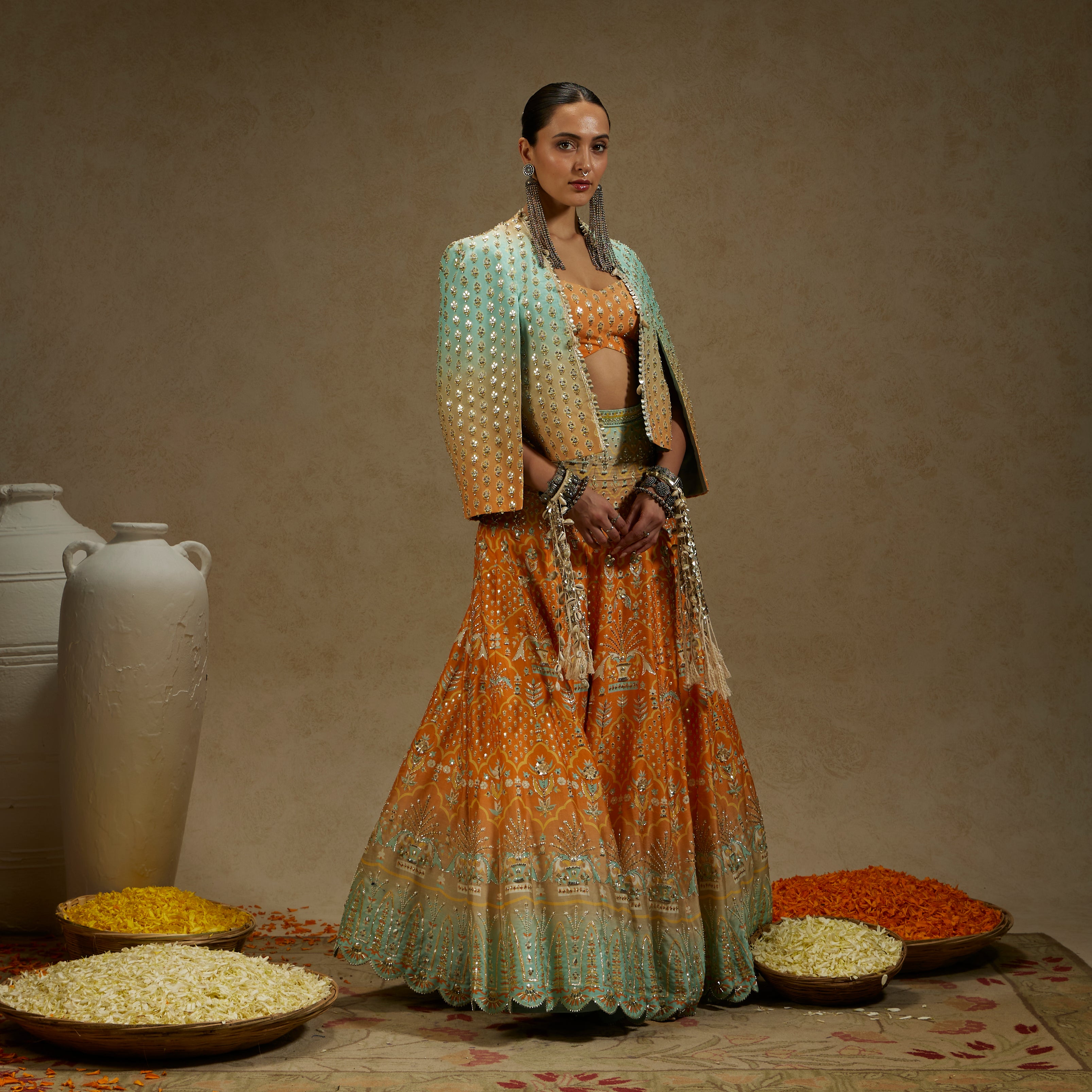 Orange Blue Embellished Cape Jacket with Bustier and Ombre Lehenga